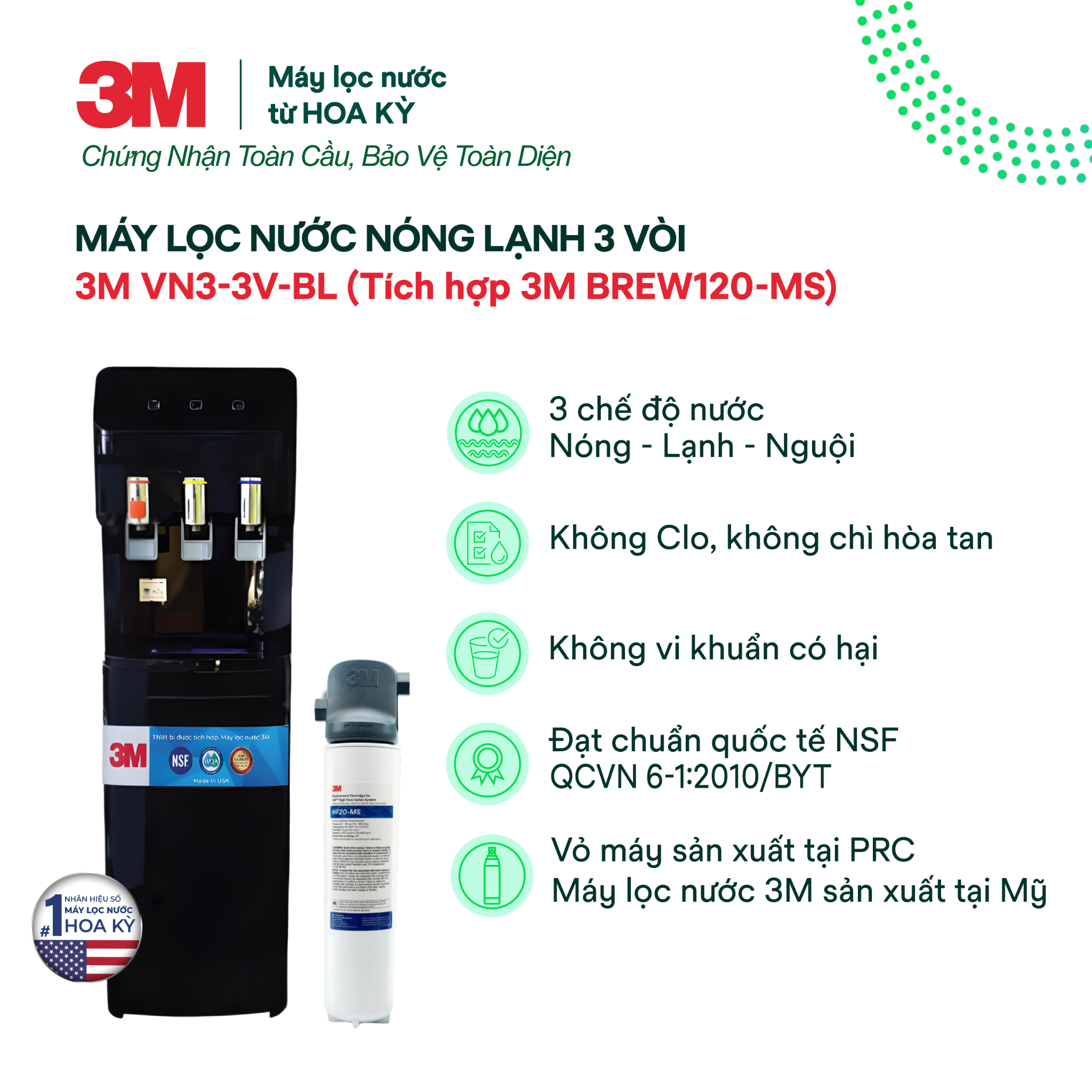  Cây Lọc Nước Nóng Lạnh 3M VN3-3V-BL (Tích Hợp Máy Lọc Nước 3M BREW120-MS) 