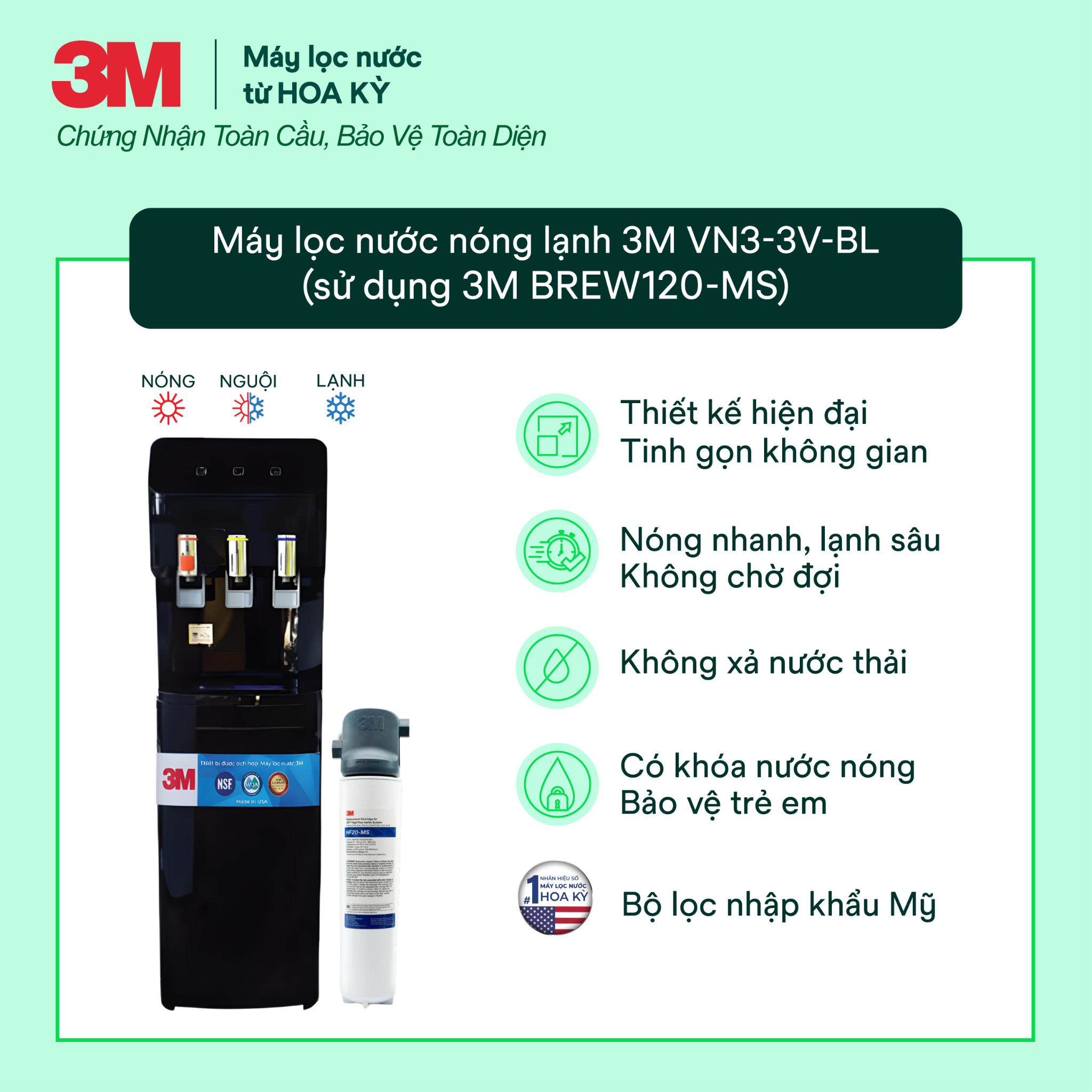  Cây Lọc Nước Nóng Lạnh 3M VN3-3V-BL (Tích Hợp Máy Lọc Nước 3M BREW120-MS) 