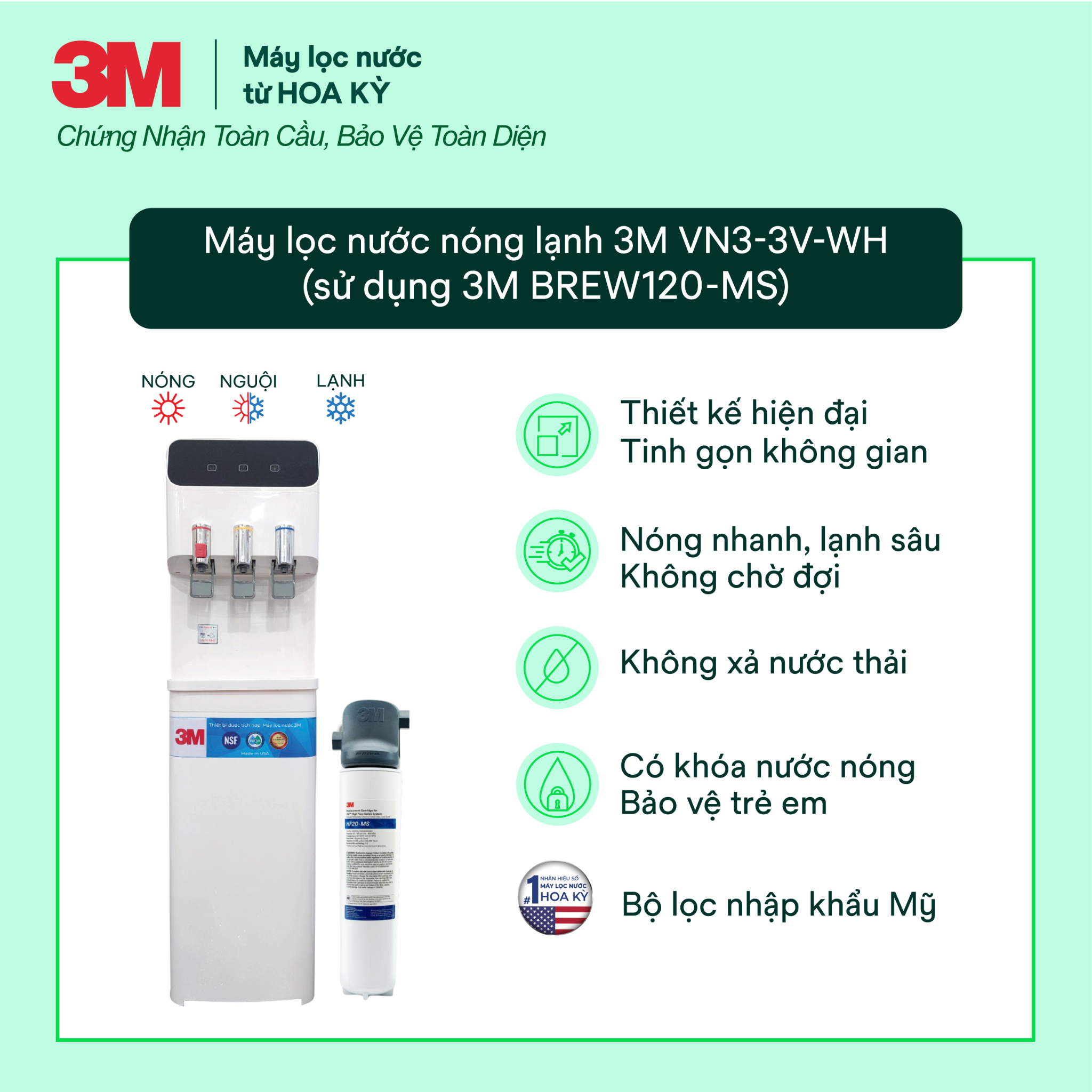  Cây Lọc Nước Nóng Lạnh 3M VN3-3V-WH (Tích Hợp Máy Lọc Nước 3M BREW120-MS) 