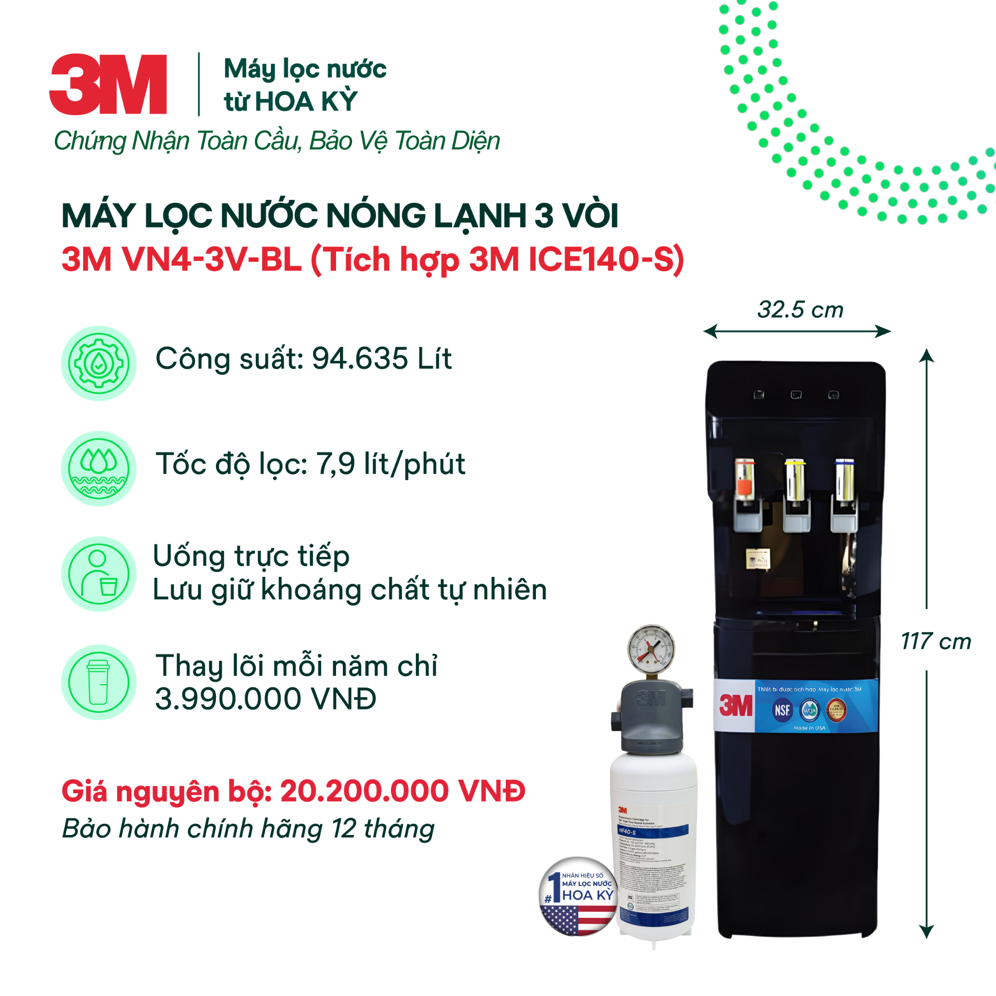  Cây Lọc Nước Nóng Lạnh 3M VN4-3V-BL (Tích Hợp Máy Lọc Nước 3M ICE140-S) 