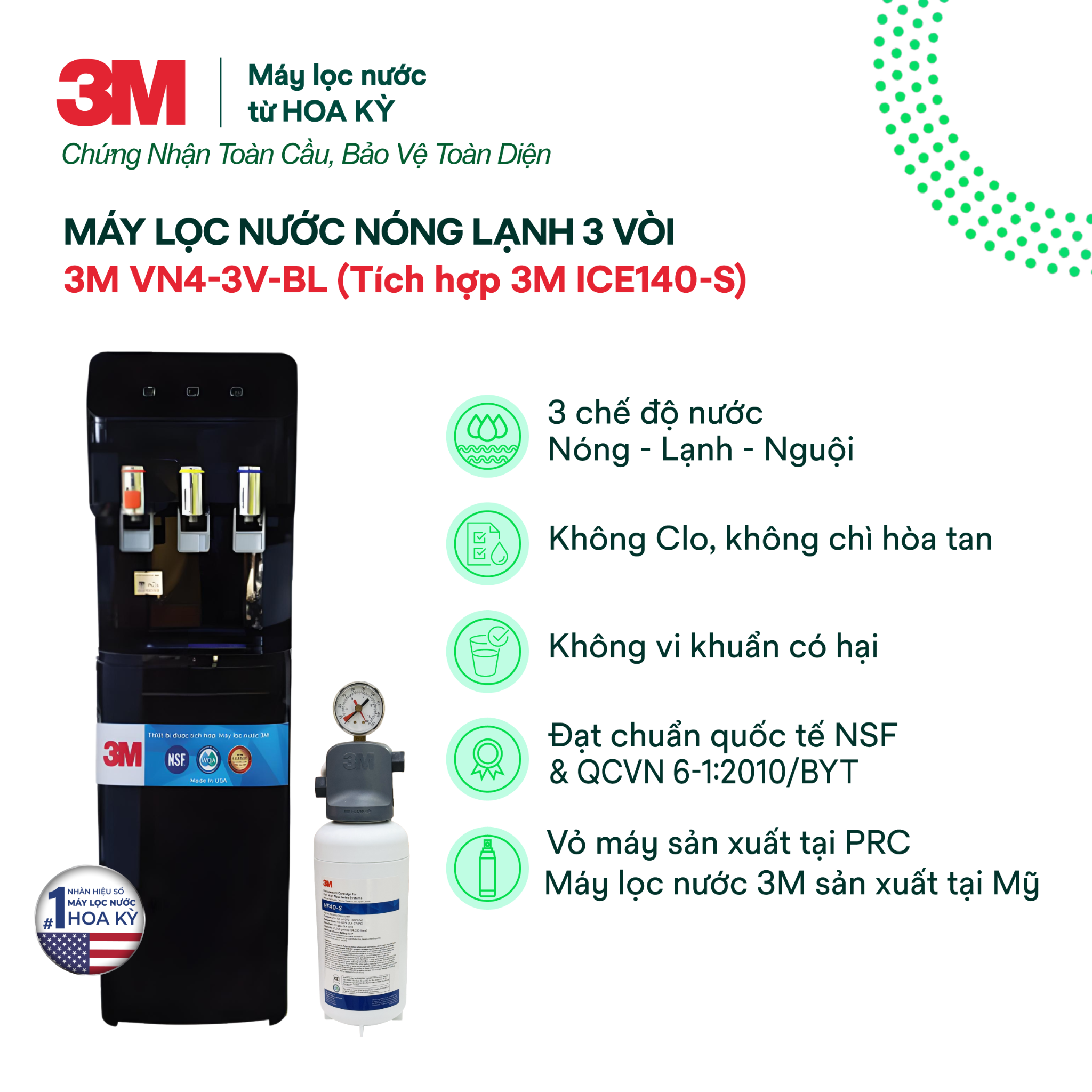  Cây Lọc Nước Nóng Lạnh 3M VN4-3V-BL (Tích Hợp Máy Lọc Nước 3M ICE140-S) 