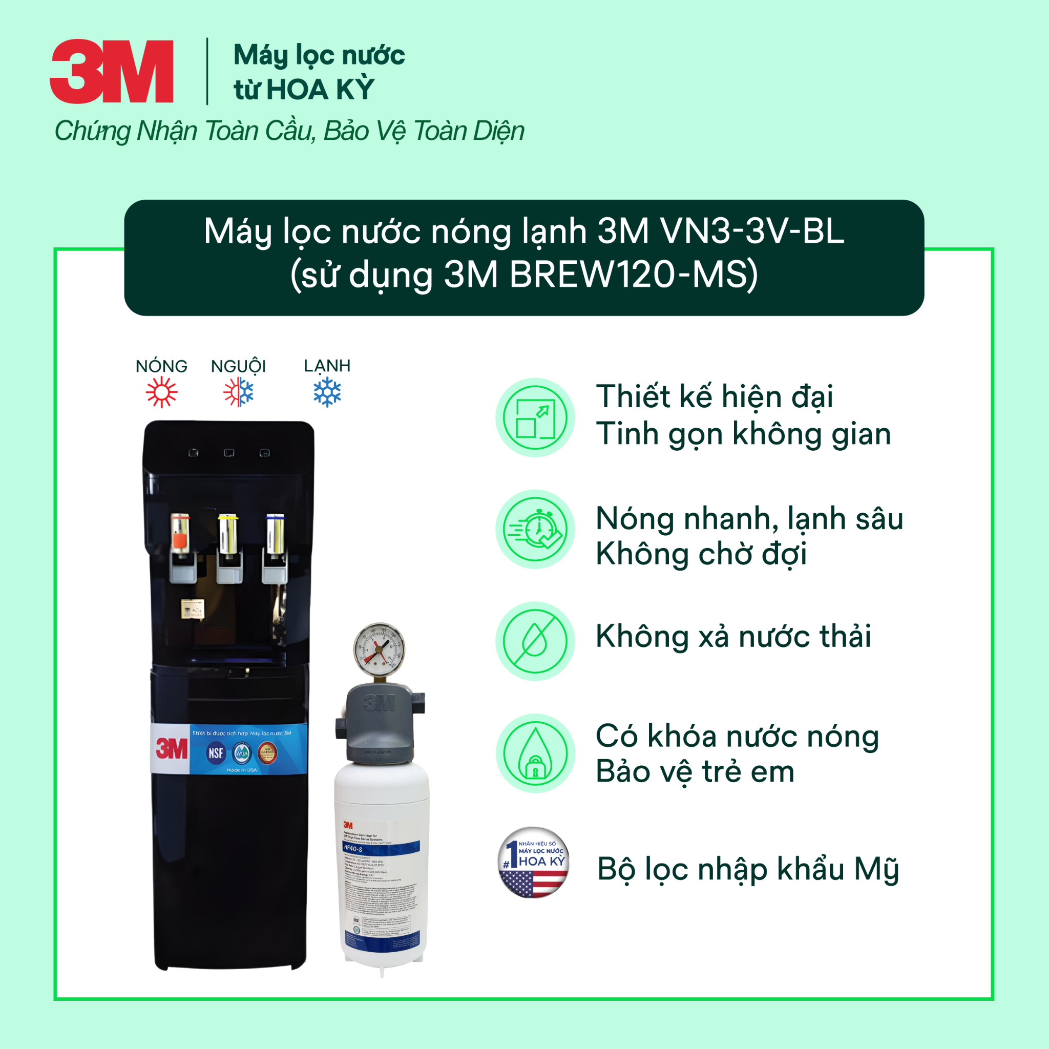  Cây Lọc Nước Nóng Lạnh 3M VN4-3V-BL (Tích Hợp Máy Lọc Nước 3M ICE140-S) 