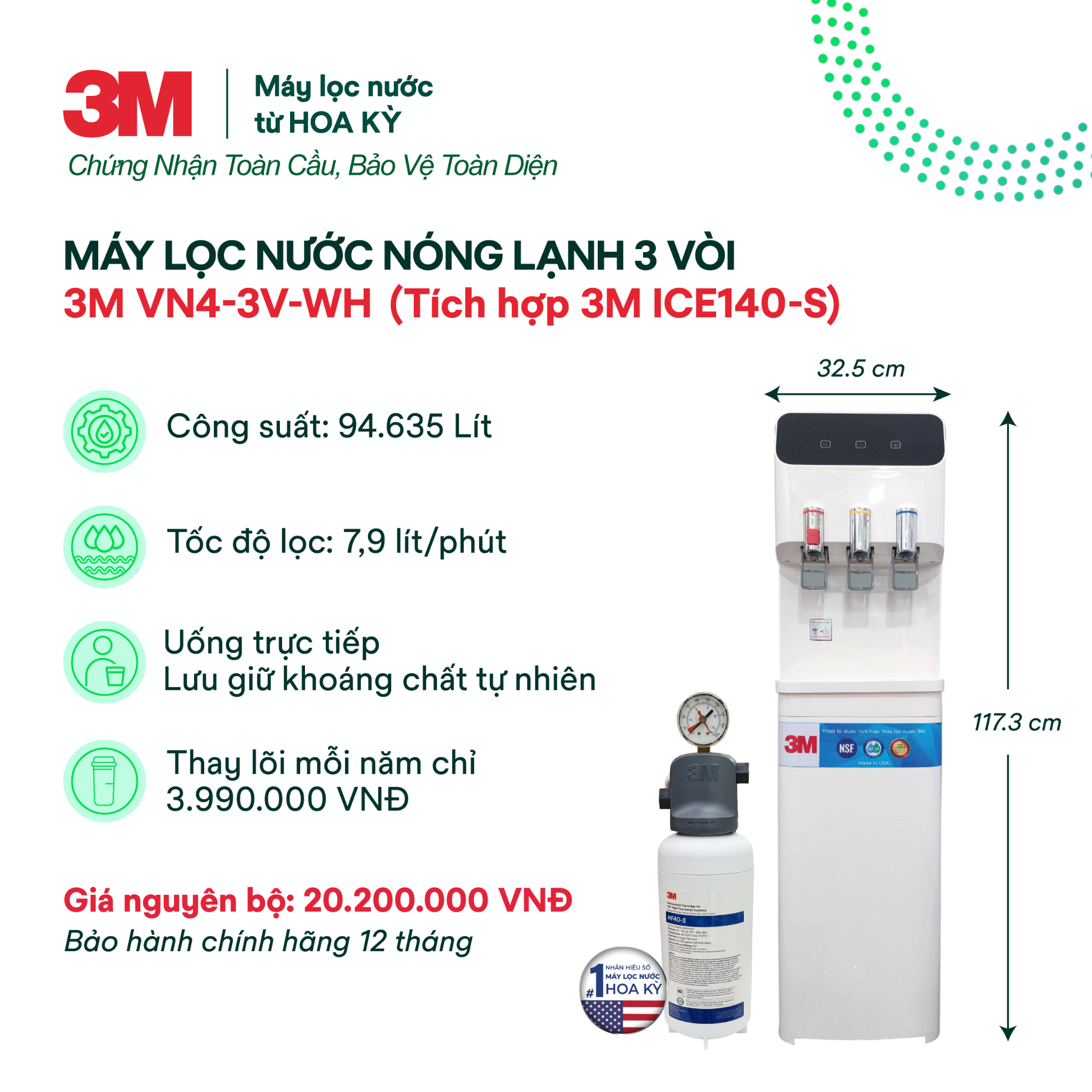  Cây Lọc Nước Nóng Lạnh 3M VN4-3V-WH (Tích Hợp Máy Lọc Nước 3M ICE140-S) 