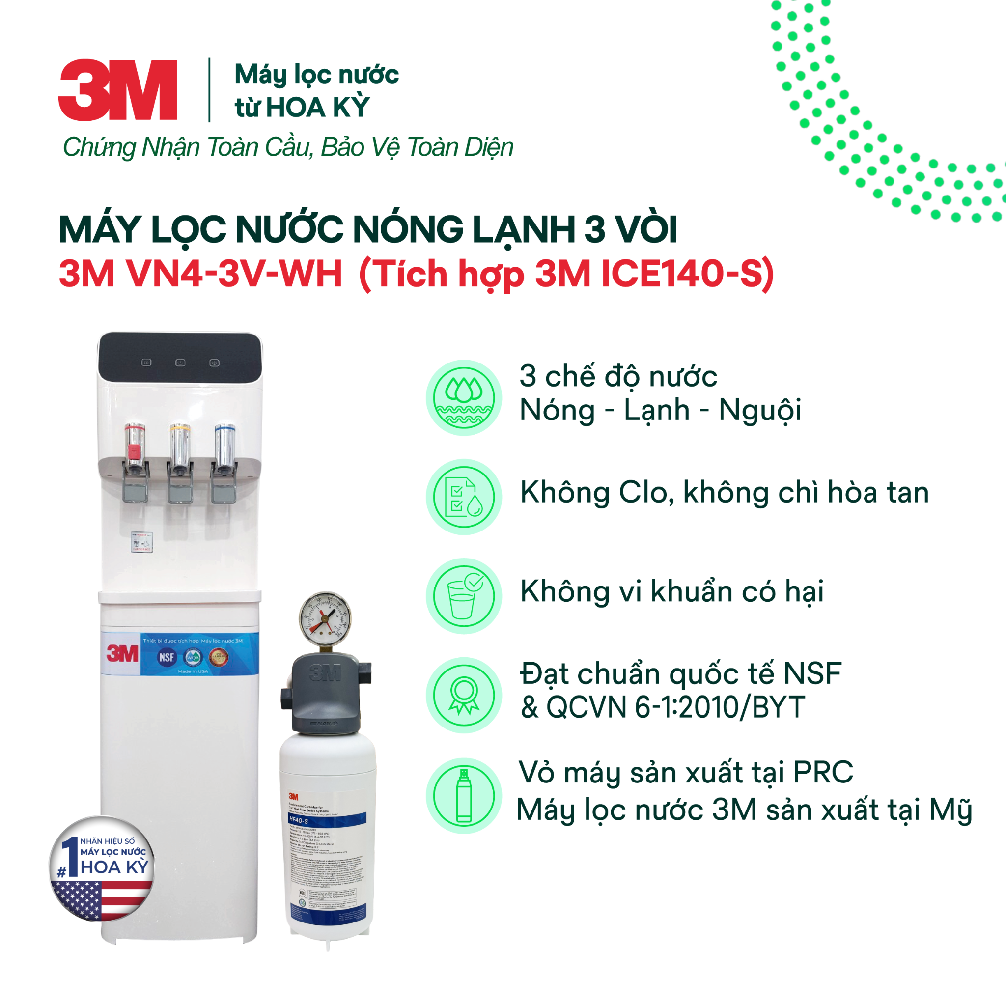  Cây Lọc Nước Nóng Lạnh 3M VN4-3V-WH (Tích Hợp Máy Lọc Nước 3M ICE140-S) 