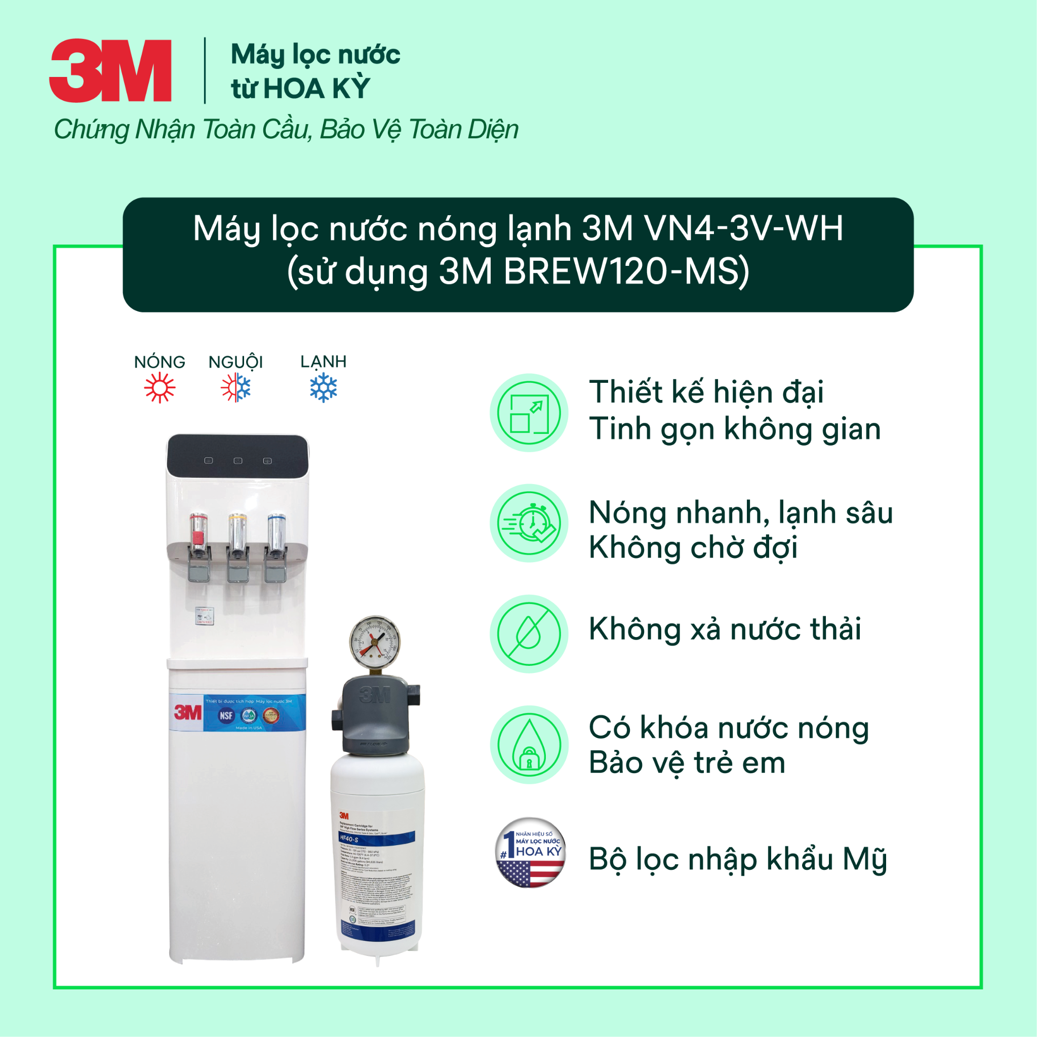  Cây Lọc Nước Nóng Lạnh 3M VN4-3V-WH (Tích Hợp Máy Lọc Nước 3M ICE140-S) 