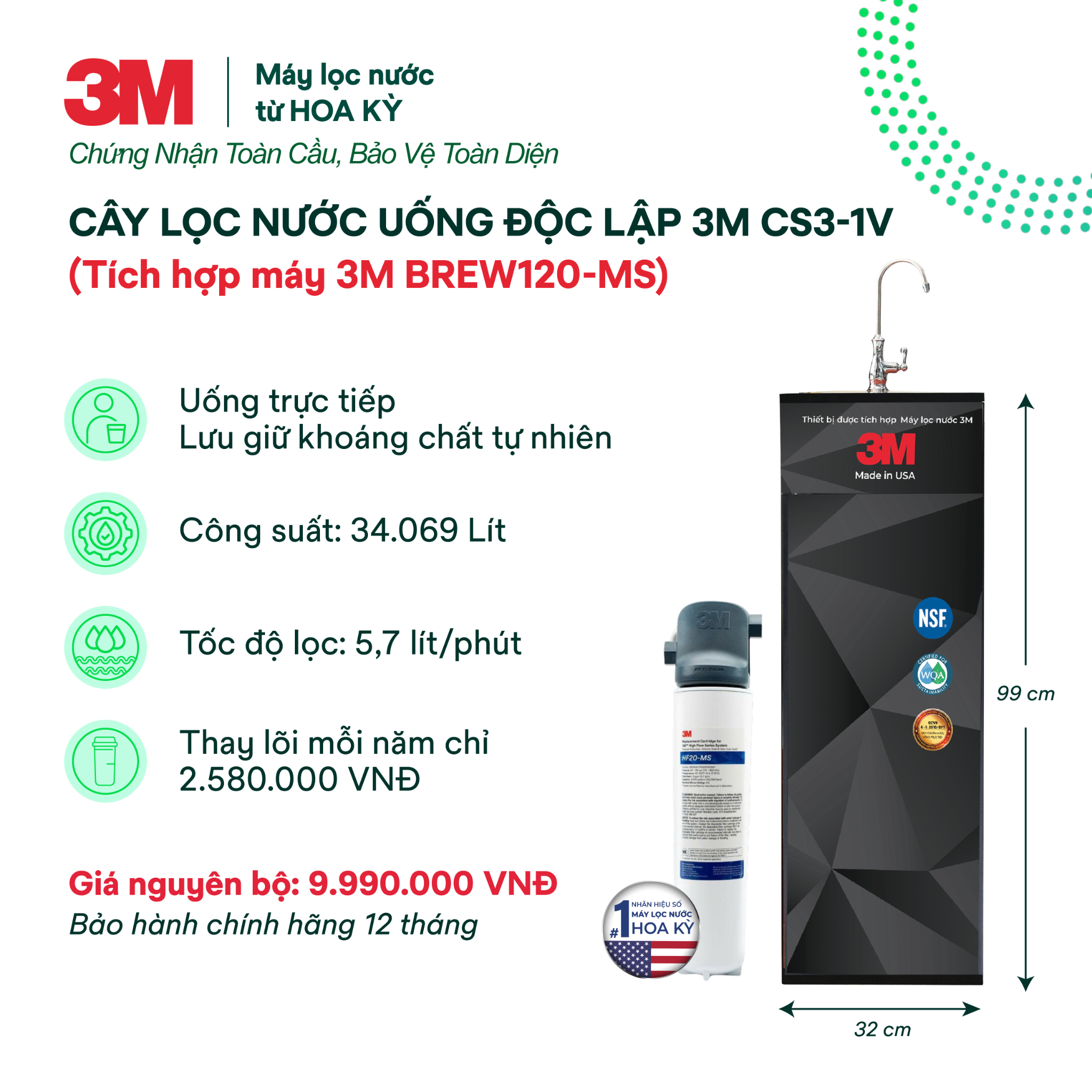 Cây Lọc Nước Uống Trực Tiếp 3M CS3-1V (Tích Hợp Máy Lọc Nước 3M BREW120-MS) 