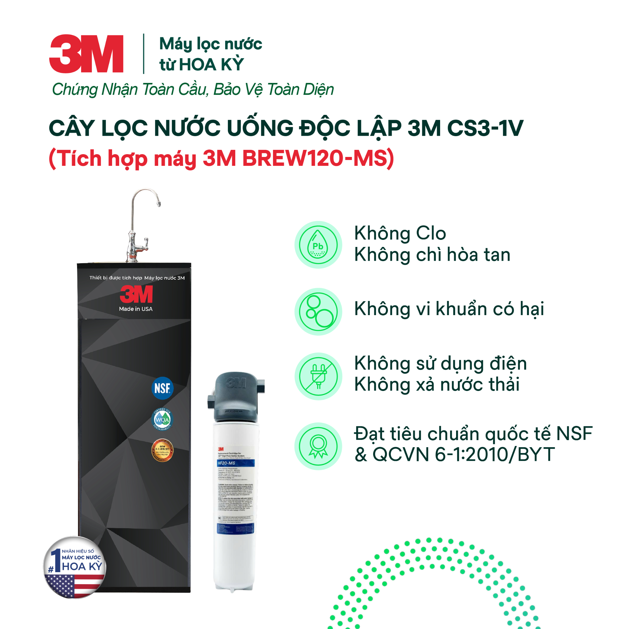  Cây Lọc Nước Uống Trực Tiếp 3M CS3-1V (Tích Hợp Máy Lọc Nước 3M BREW120-MS) 