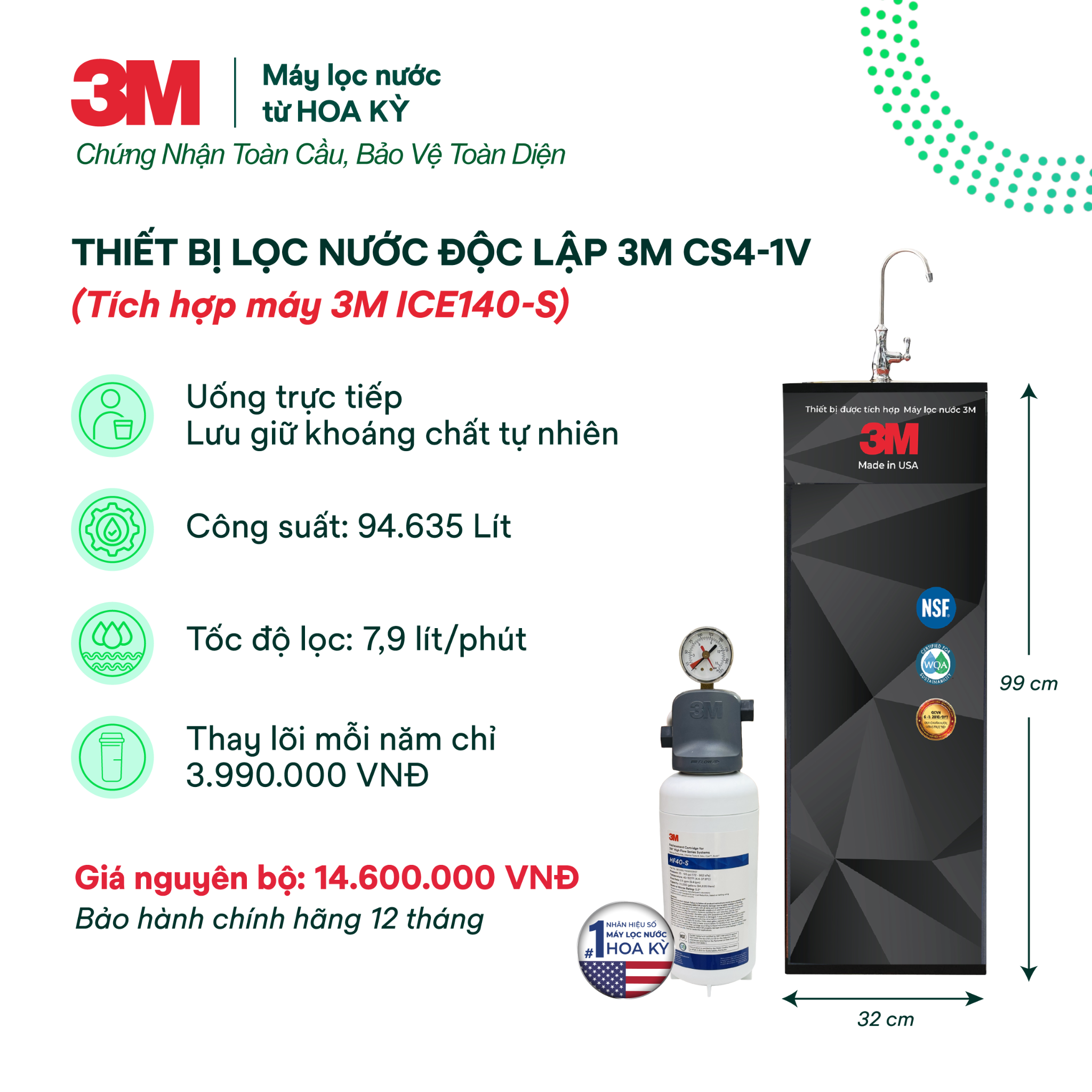  Cây Lọc Nước Uống Trực Tiếp 3M CS4-1V (Tích Hợp Máy Lọc Nước 3M ICE140-S) 
