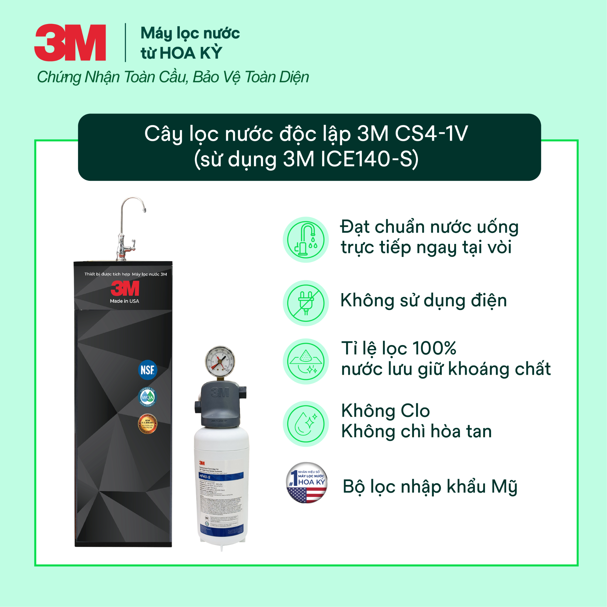  Cây Lọc Nước Uống Trực Tiếp 3M CS4-1V (Tích Hợp Máy Lọc Nước 3M ICE140-S) 