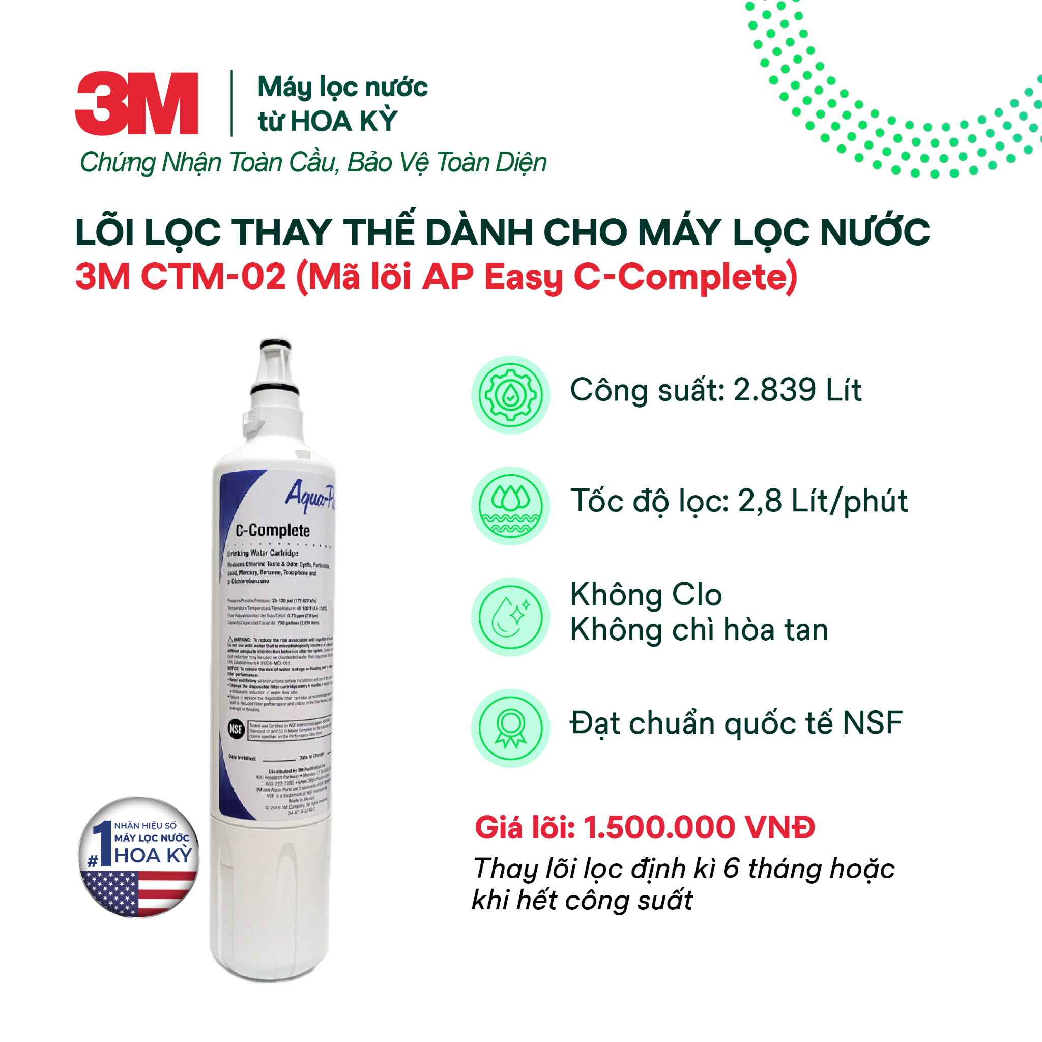  Lõi Thay Cho Máy Lọc Nước Để Bàn 3M CTM-02 (Mã Lõi C-Complete) 