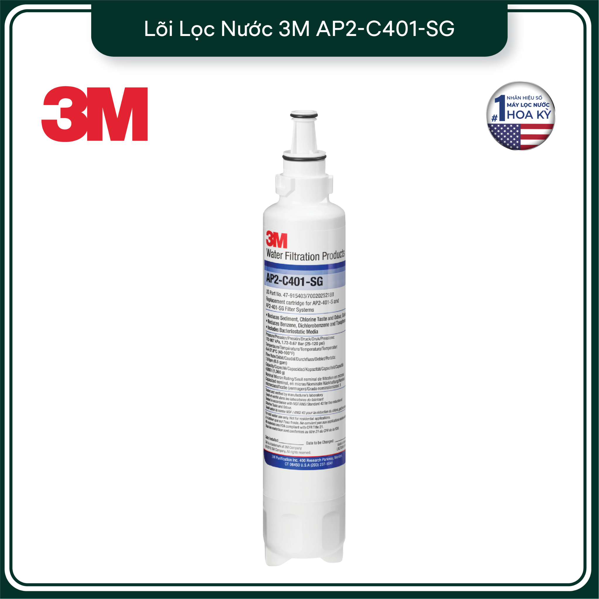  Lõi Thay Cho Máy Lọc Nước Nóng Lạnh Để Bàn 3M HCD-2 (Mã lõi AP2-C405-SG) 