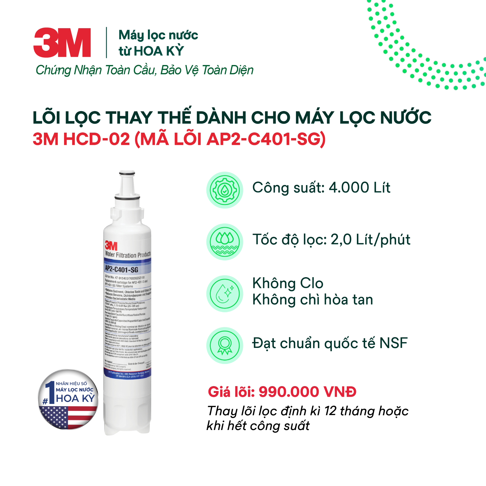  Lõi Thay Cho Máy Lọc Nước Nóng Lạnh Để Bàn 3M HCD-2 (Mã lõi AP2-C405-SG) 