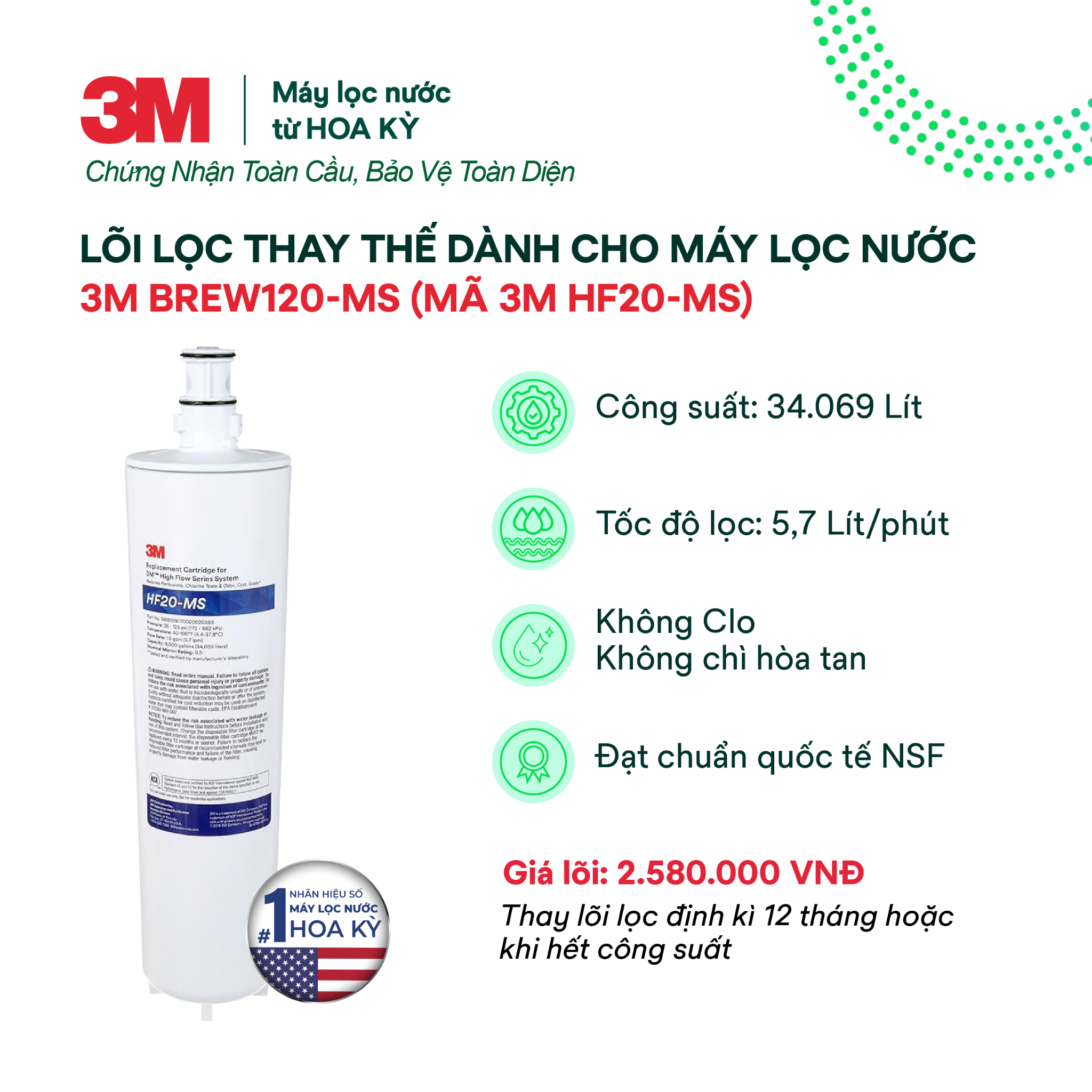  Lõi Thay Cho Máy Lọc Nước 3M BREW120-MS (MÃ HF20-MS) 