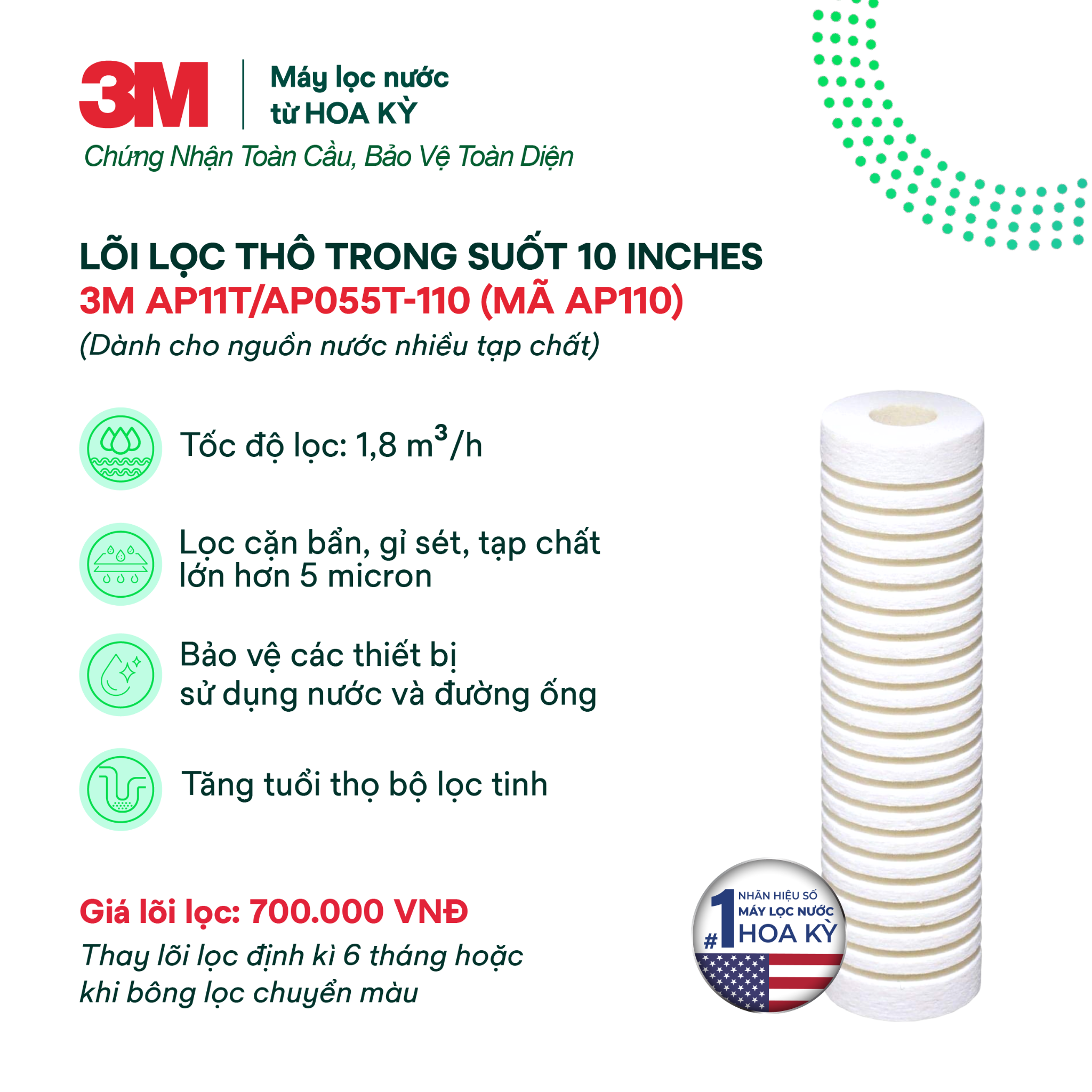  Lõi Thay Cho Bộ Lọc Thô 3M 10'' AP11T/AP055T (MÃ AP110) 
