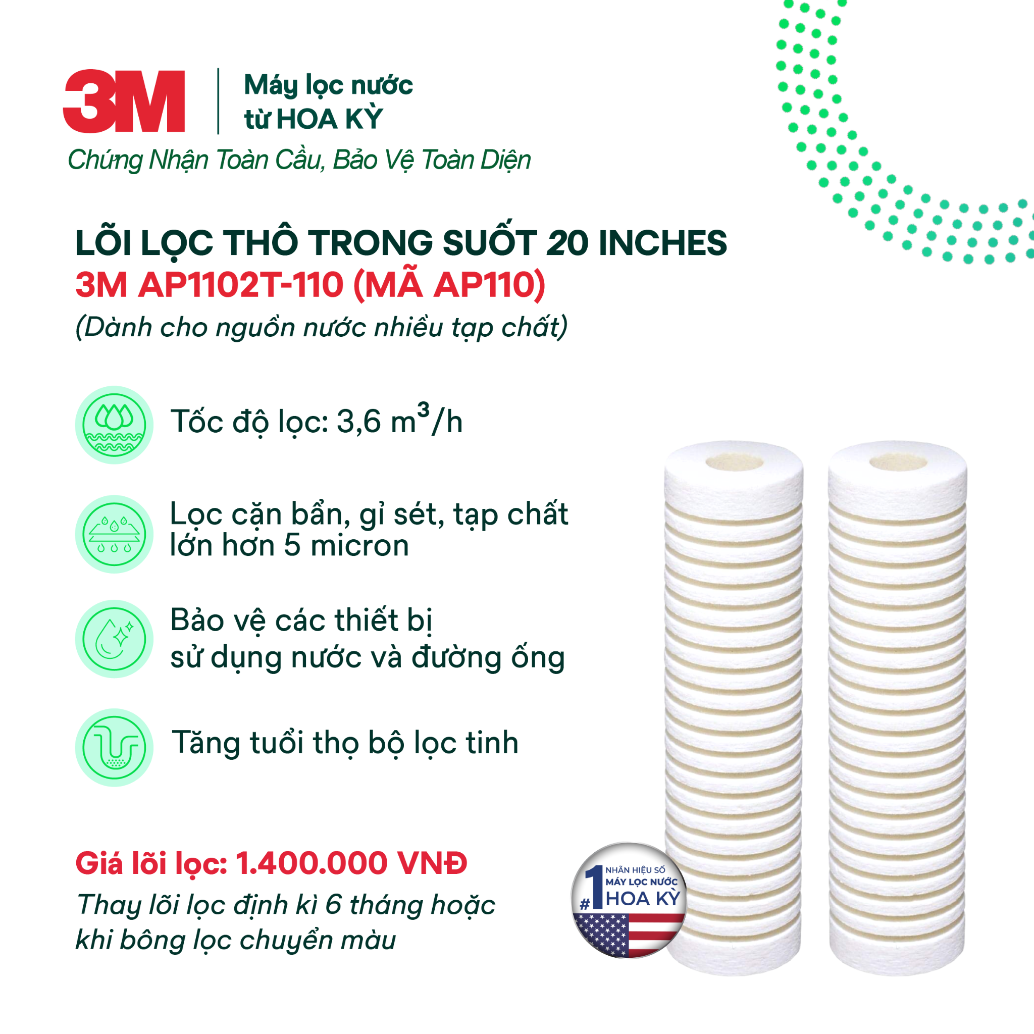  Lõi Thay Cho Bộ Lọc Thô 3M 10'' AP11T/AP055T (MÃ AP110) 