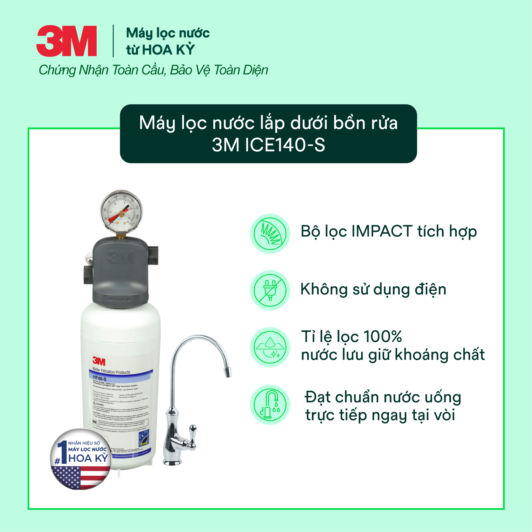  Máy Lọc Nước Lắp Dưới Bồn Rửa 3M ICE140-S Kèm Vòi 3M 