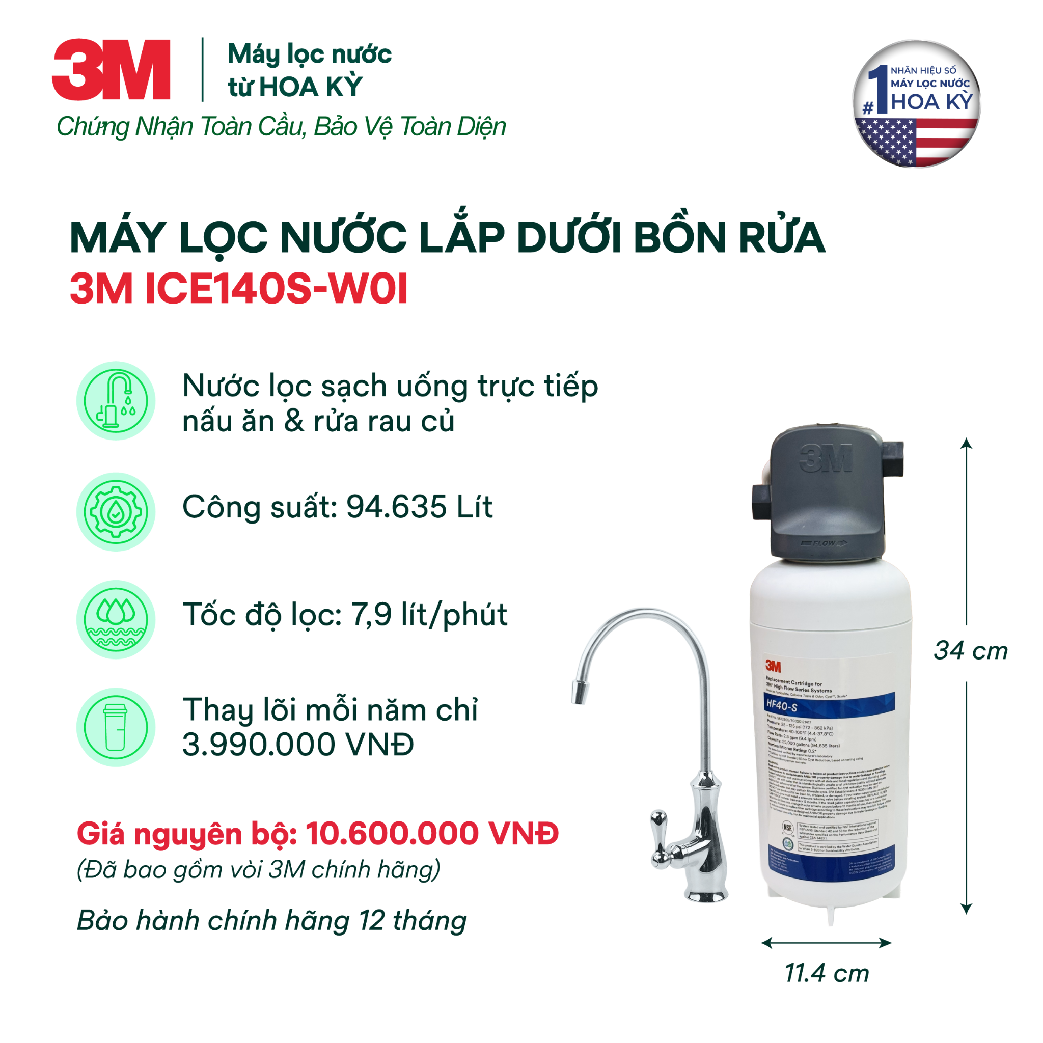  Máy Lọc Nước Lắp Dưới Bồn Rửa 3M ICE140S-WOI Kèm Vòi 3M 