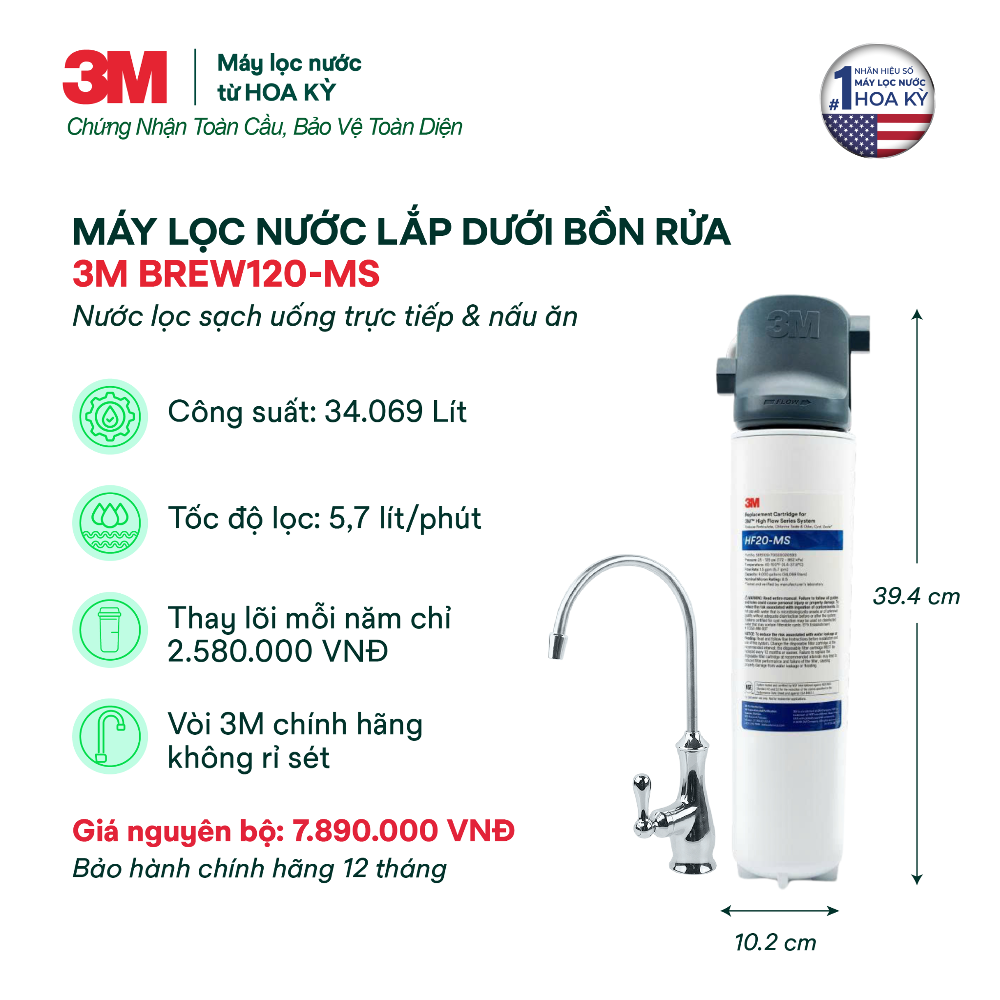  Máy Lọc Nước Lắp Dưới Bồn Rửa 3M BREW120-MS Kèm Vòi 3M 
