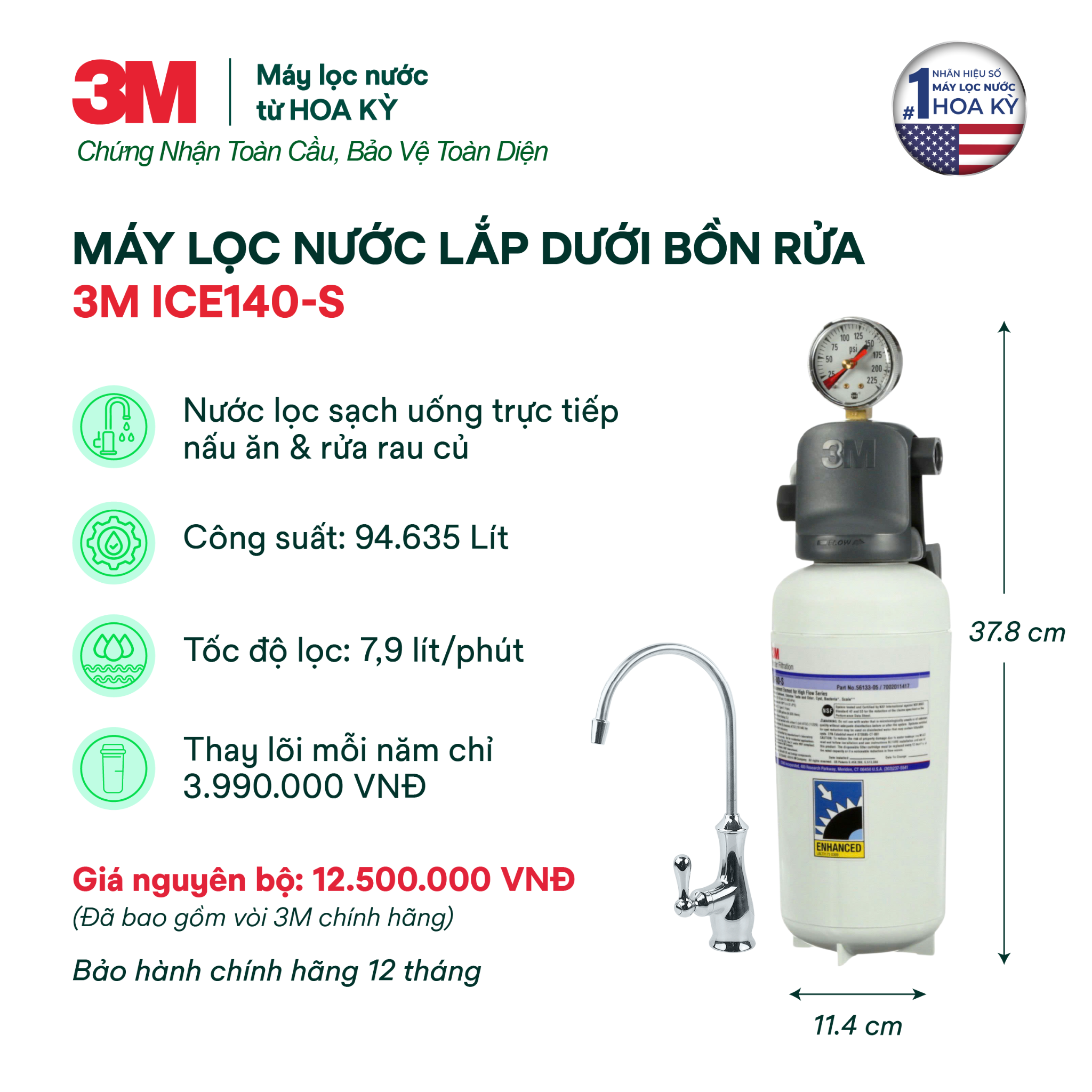  Máy Lọc Nước Lắp Dưới Bồn Rửa 3M ICE140-S Kèm Vòi 3M 