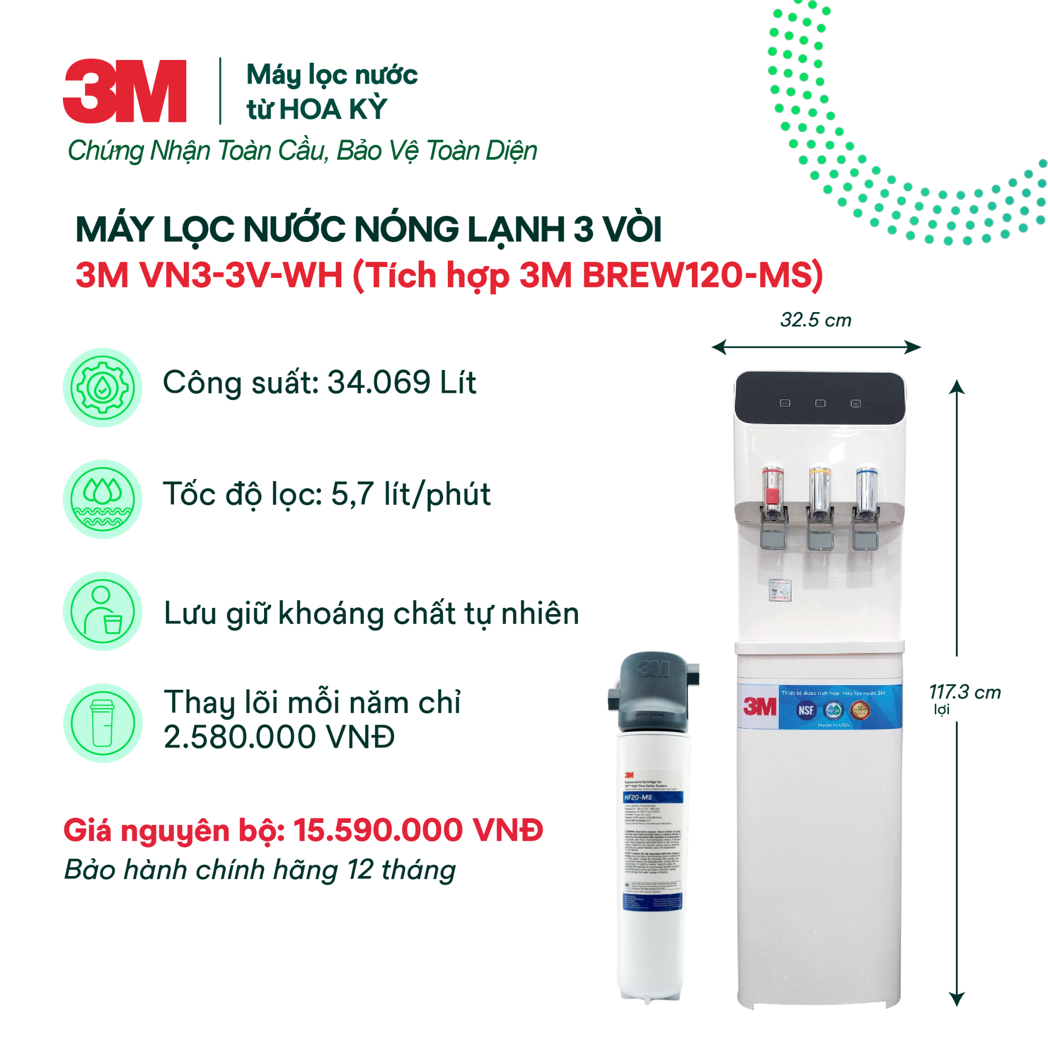  Cây Lọc Nước Nóng Lạnh 3M VN3-3V-WH (Tích Hợp Máy Lọc Nước 3M BREW120-MS) 