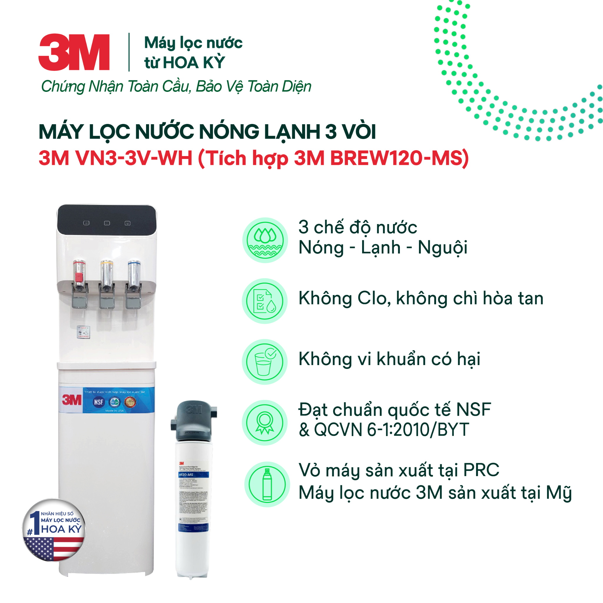  Cây Lọc Nước Nóng Lạnh 3M VN3-3V-WH (Tích Hợp Máy Lọc Nước 3M BREW120-MS) 
