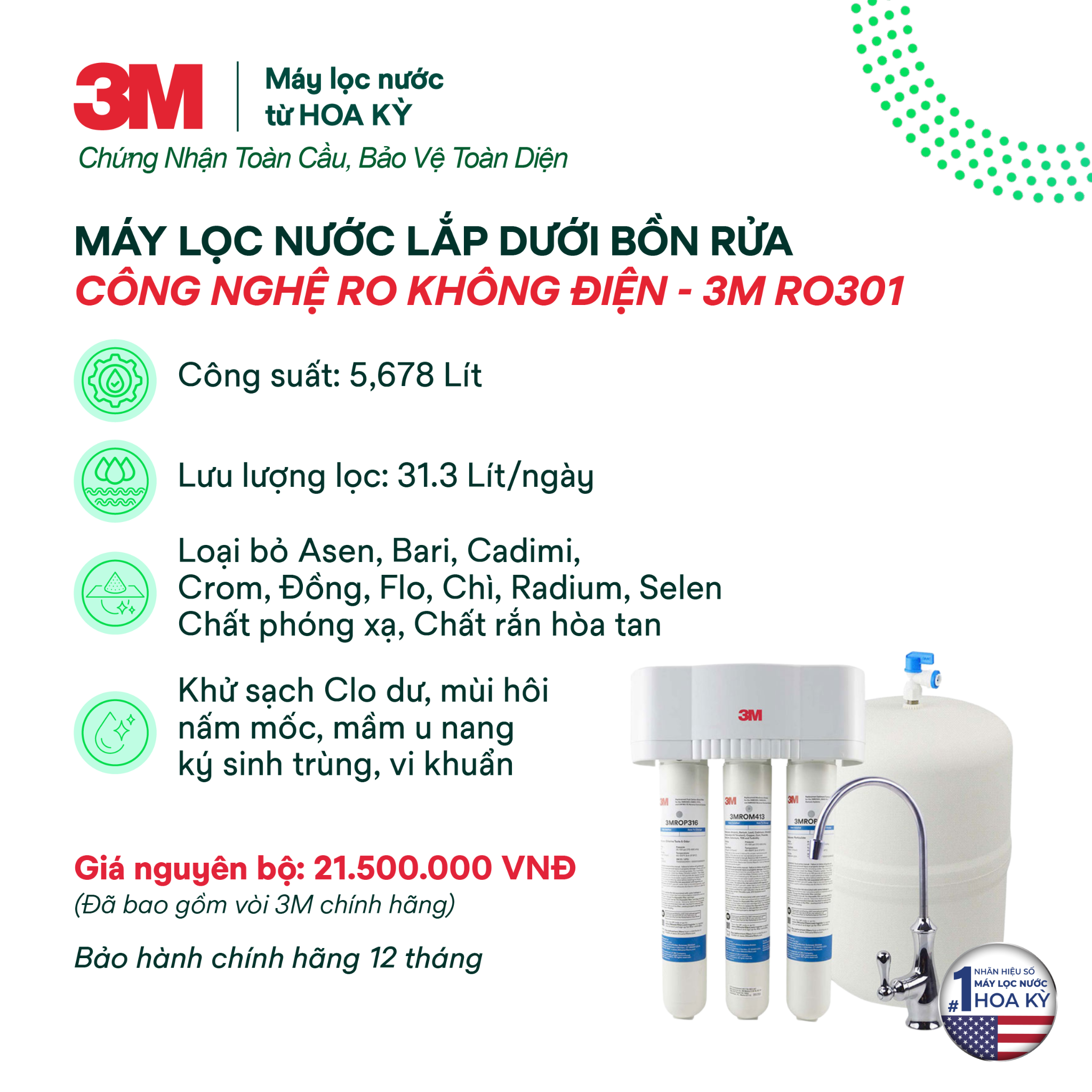  Máy Lọc Nước Lắp Dưới Bồn Rửa 3M RO301 - Công Nghệ RO Không Dùng Điện 