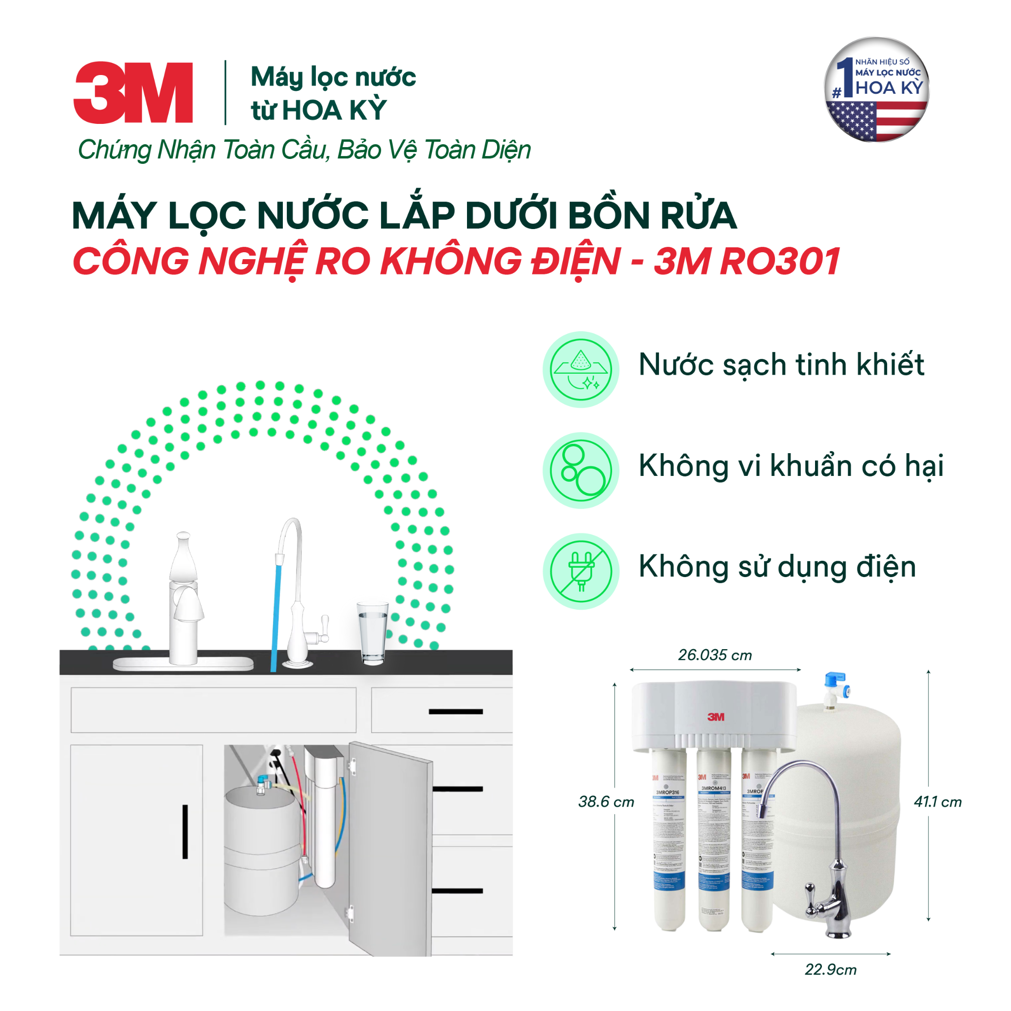  Máy Lọc Nước Lắp Dưới Bồn Rửa 3M RO301 - Công Nghệ RO Không Dùng Điện 