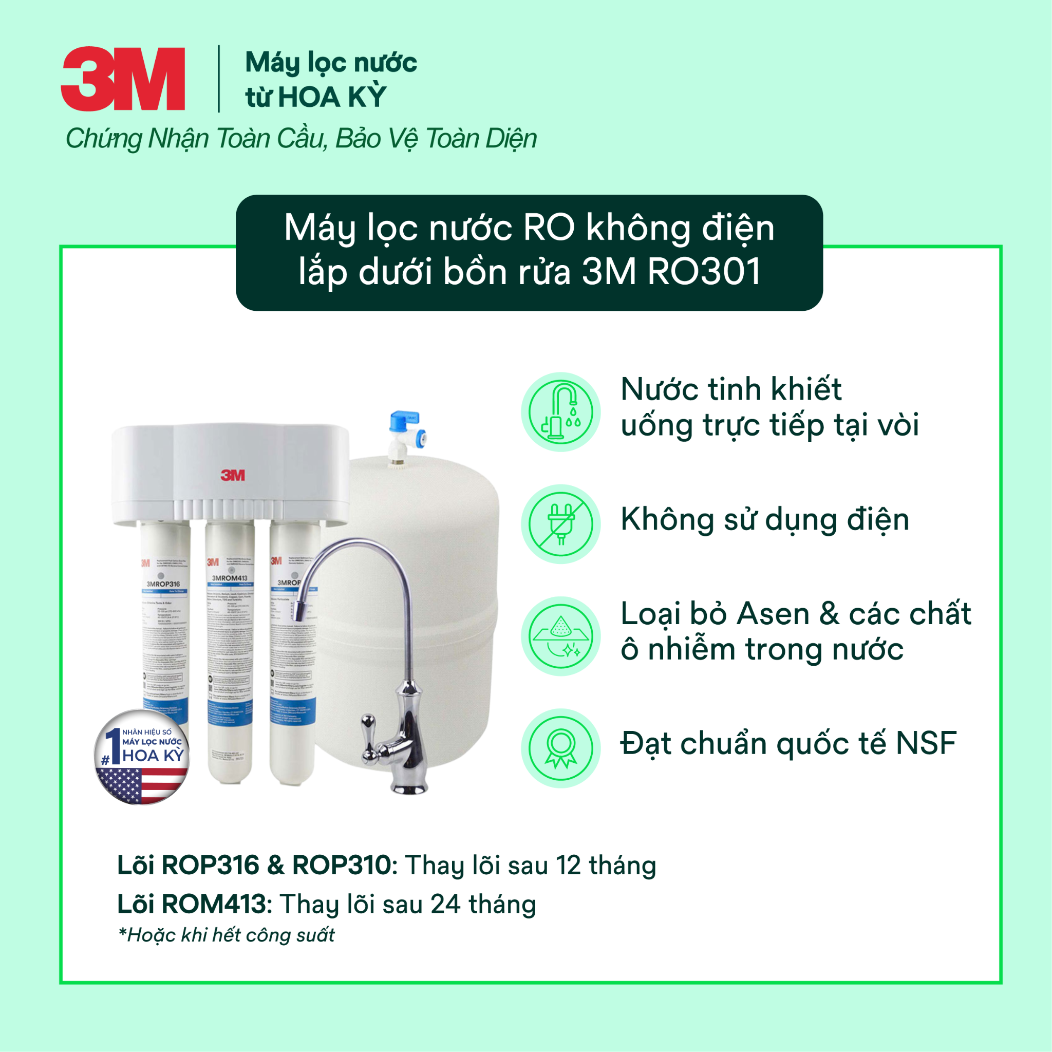 Máy Lọc Nước Lắp Dưới Bồn Rửa 3M RO301 - Công Nghệ RO Không Dùng Điện 
