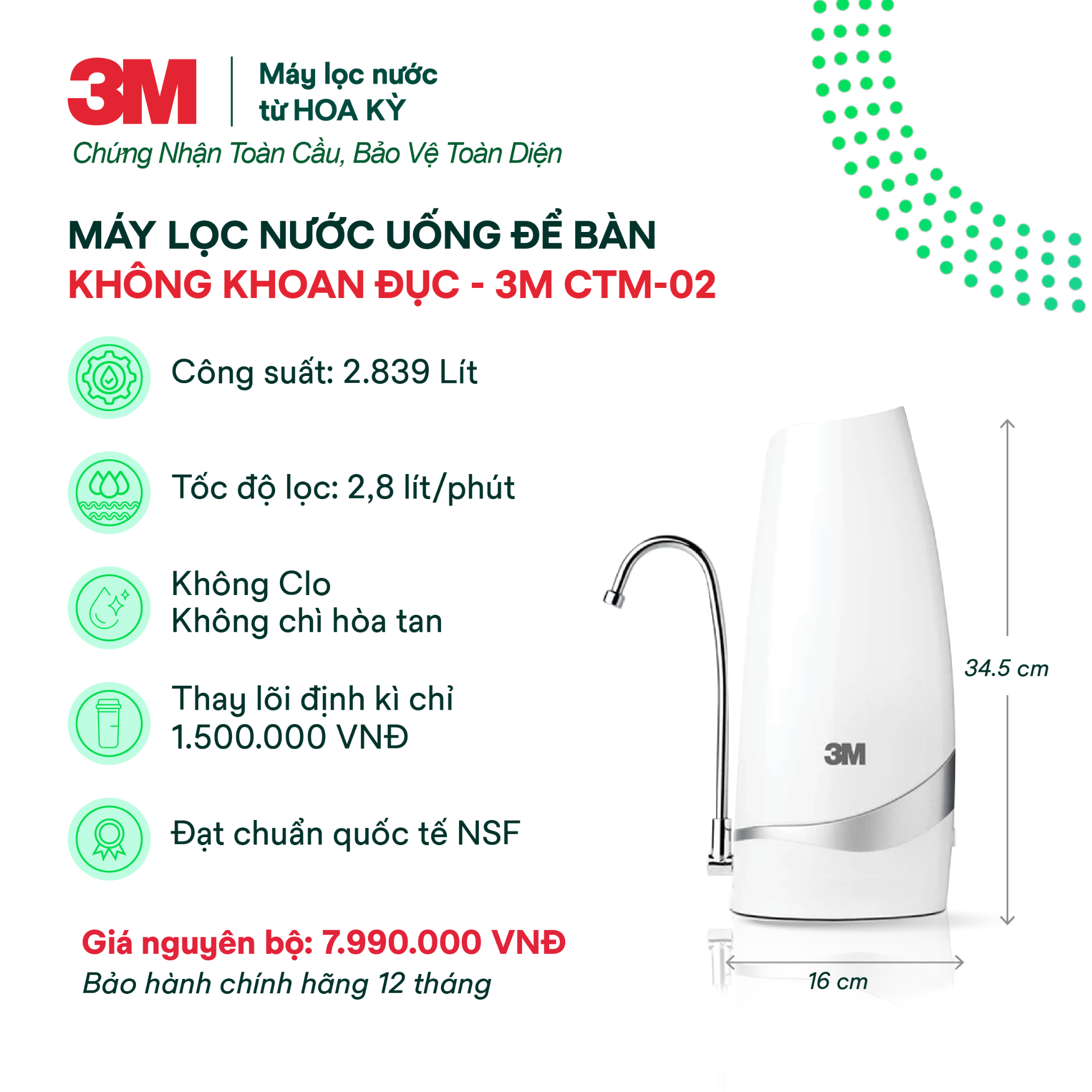  Máy Lọc Nước Uống Để Bàn Không Dùng Điện 3M CTM-02 