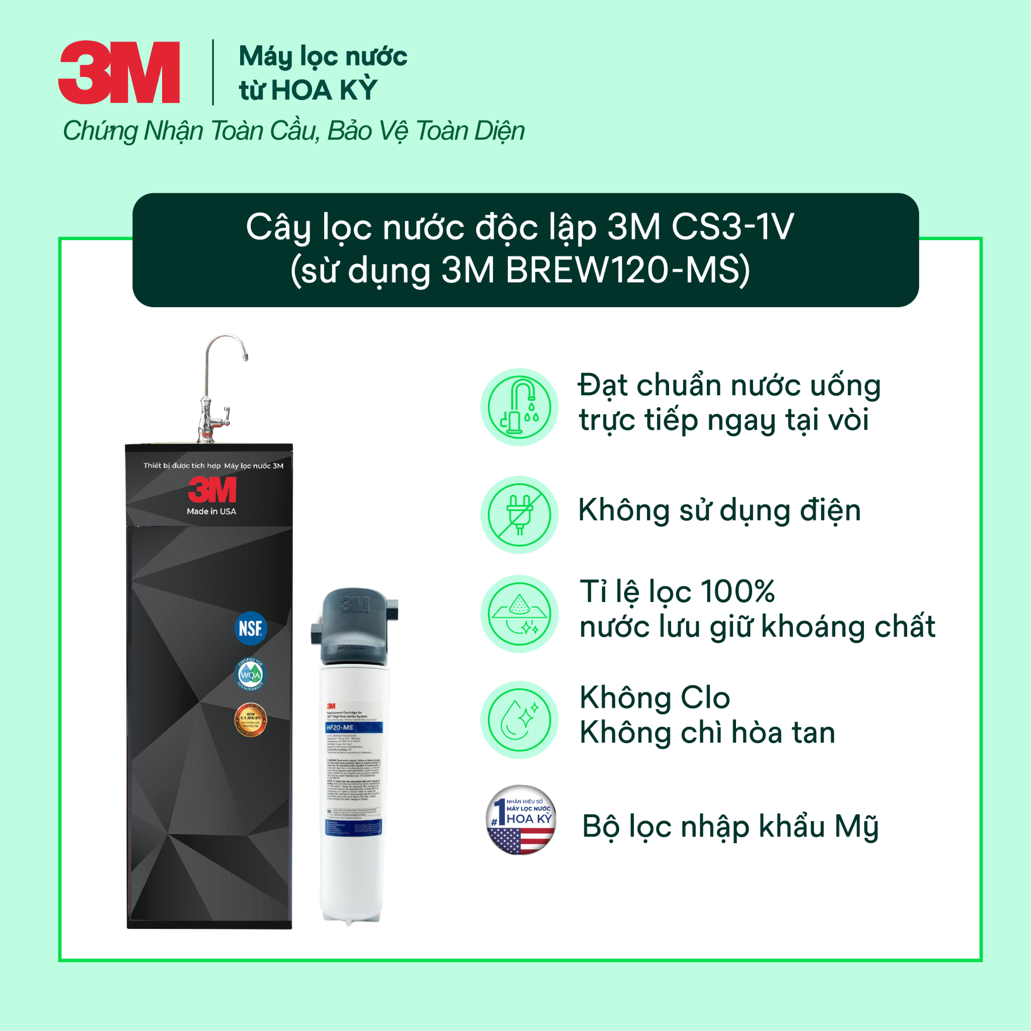  Cây Lọc Nước Uống Trực Tiếp 3M CS3-1V (Tích Hợp Máy Lọc Nước 3M BREW120-MS) 