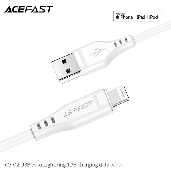 Cáp truyền dữ liệu, sạc các thiết bị di động (iPhone, iPad...) Acefast C3-02, USB-A to Lightning MFI ,bọc nhựa TPE, đã lắp đầu nối điện,không lưu trữ dữ liệu, dài 1.2m, điện áp 5v, hãng sx: Acefast #6974316280835