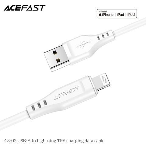 Cáp truyền dữ liệu, sạc các thiết bị di động (iPhone, iPad...) Acefast C3-02, USB-A to Lightning MFI ,bọc nhựa TPE, đã lắp đầu nối điện,không lưu trữ dữ liệu, dài 1.2m, điện áp 5v, hãng sx: Acefast #6974316280835