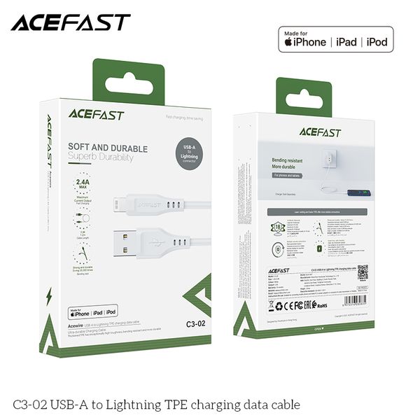Cáp truyền dữ liệu, sạc các thiết bị di động (iPhone, iPad...) Acefast C3-02, USB-A to Lightning MFI ,bọc nhựa TPE, đã lắp đầu nối điện,không lưu trữ dữ liệu, dài 1.2m, điện áp 5v, hãng sx: Acefast #6974316280835