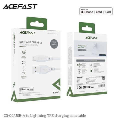 Cáp truyền dữ liệu, sạc các thiết bị di động (iPhone, iPad...) Acefast C3-02, USB-A to Lightning MFI ,bọc nhựa TPE, đã lắp đầu nối điện,không lưu trữ dữ liệu, dài 1.2m, điện áp 5v, hãng sx: Acefast #6974316280835