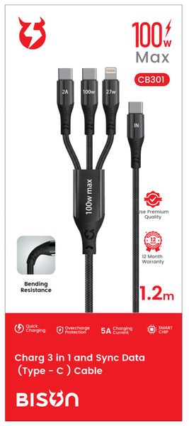 Cáp dù Bison 3in1 PD 100W (CB301 - Đen)