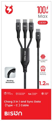 Cáp dù Bison 3in1 PD 100W (CB301 - Đen)