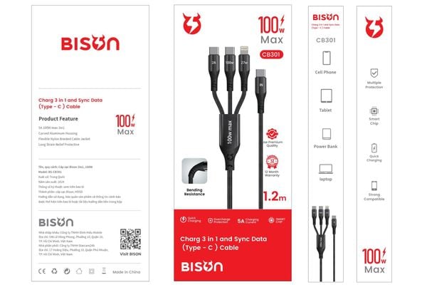 Cáp dù Bison 3in1 PD 100W (CB301 - Đen)