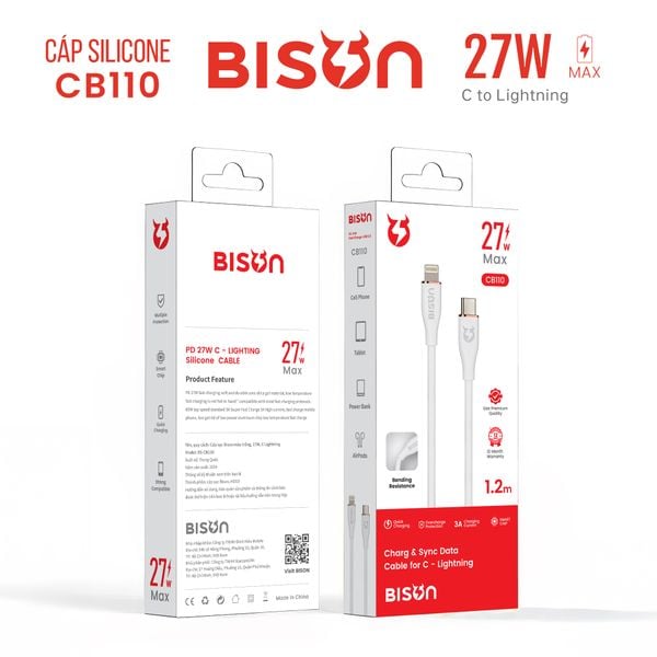 Cáp Bison silicon C-L 27W (CB110 - Trắng)