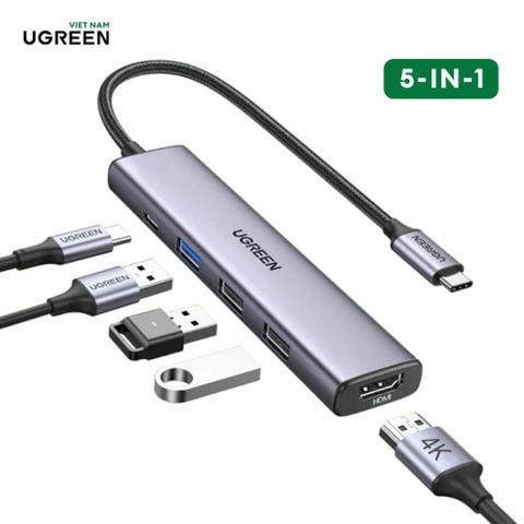 Bộ chuyển đổi USB-C sang 2* USB-A 2.0+USB-A 3.0+HDMI+PD hỗ trợ 4K Ugreen 15495