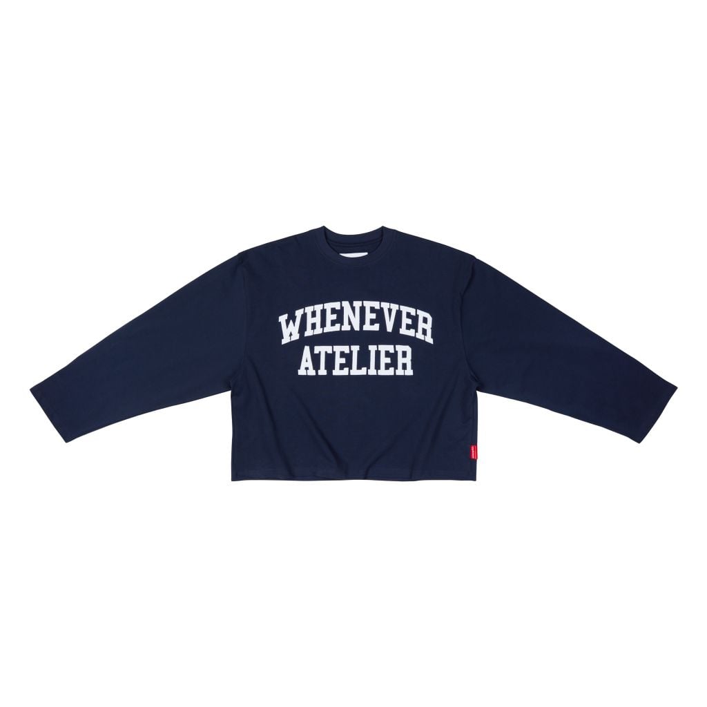“WHENEVER” LOGO-EMBROIDERED COTTON LONG SLEEVES T-SHIRT / NAVY