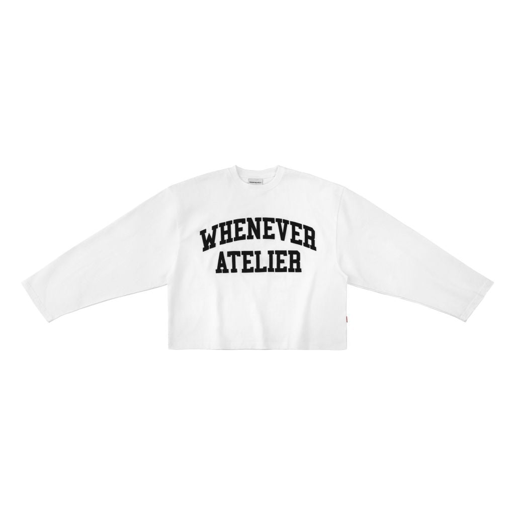 “WHENEVER” LOGO-EMBROIDERED COTTON LONG SLEEVES T-SHIRT / WHITE