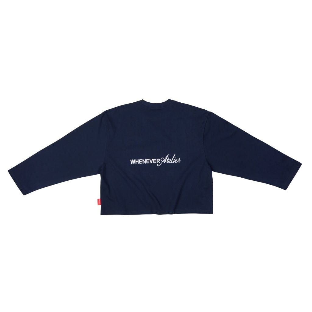 “WHENEVER” LOGO-EMBROIDERED COTTON LONG SLEEVES T-SHIRT / NAVY
