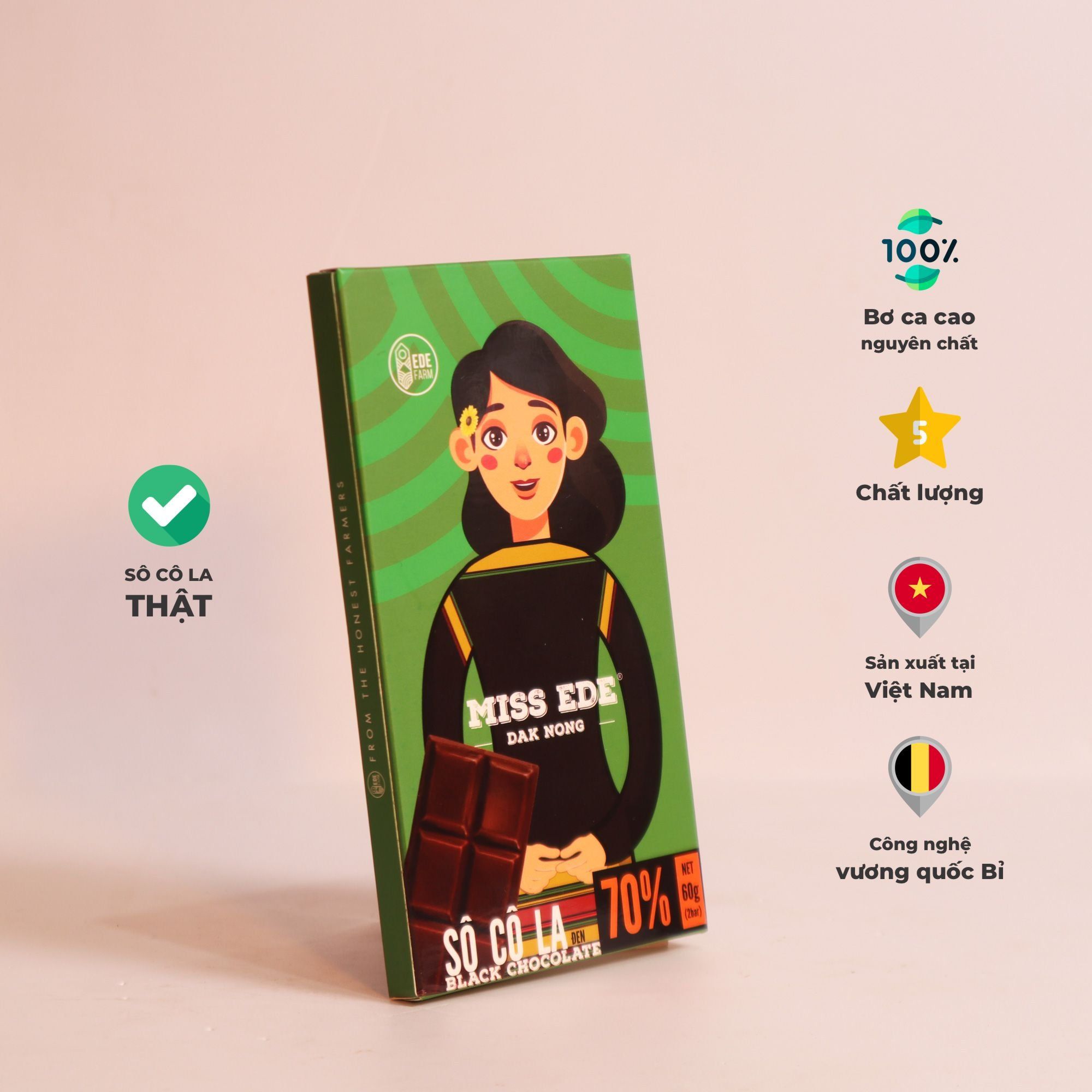  DAK NONG Black Chocolate 70% MISS EDE (Box 60g: 2 bars)/ Sô cô la đen Đắk Nông 70% MISS EDE - Hộp 60g (2 thanh x 30g) 