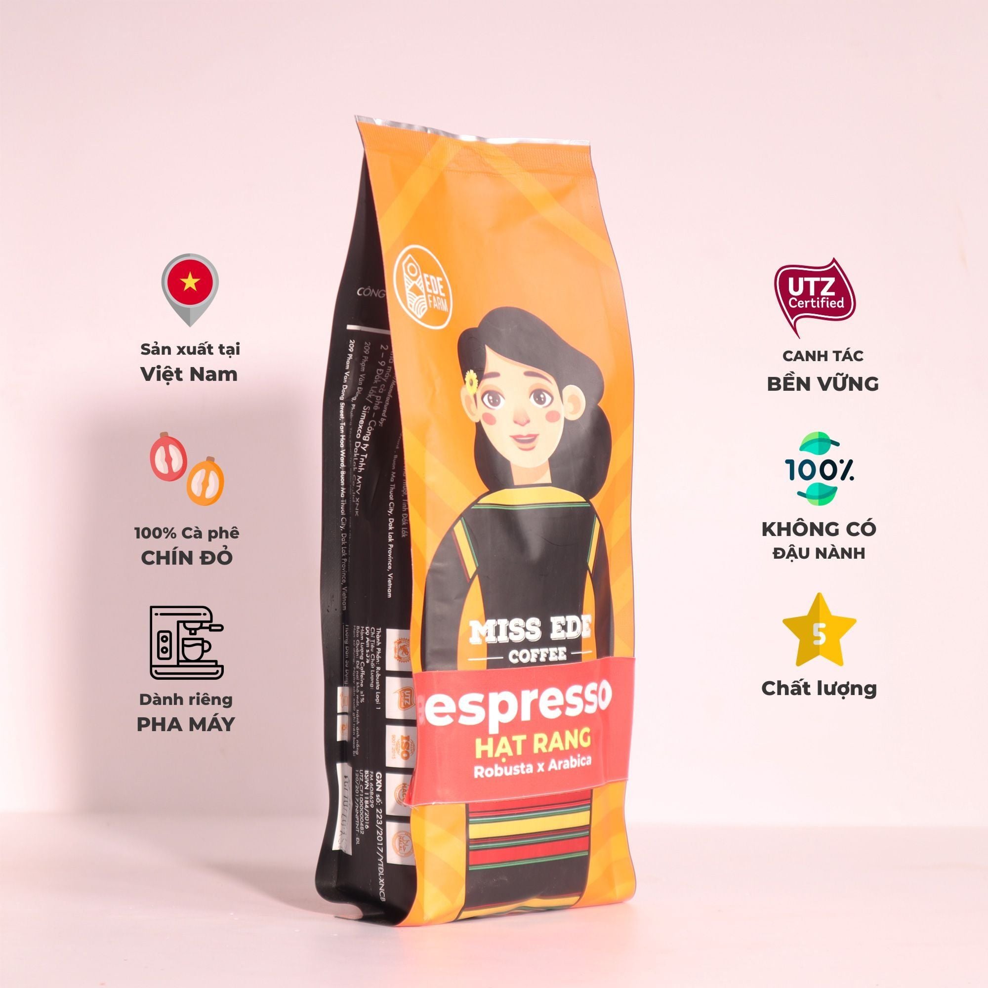  Cà phê hạt ESPRESSO 100% Fine Robusta MISS EDE chế biến Honey process - Gói 250g (rang vừa - medium roasdted) 