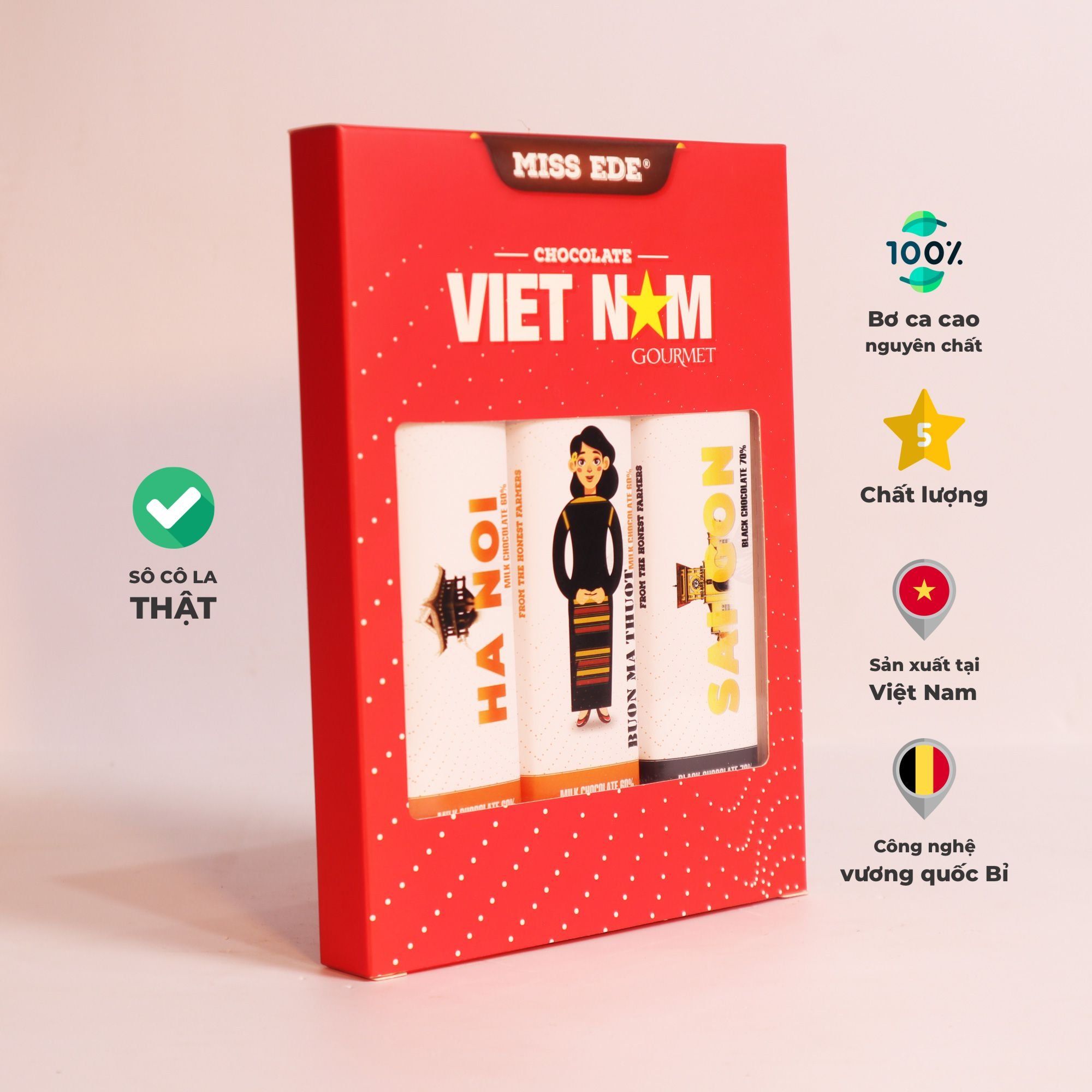  Gift box:  Sô cô la VIET NAM gourmet MISS EDE - Hộp trung (VIETNAM gourmet Chocolate - gift box Size M) -  MISS EDE - Hộp 60g (3 thanh x 30g: 2 thanh sữa & 1 thanh đen) 