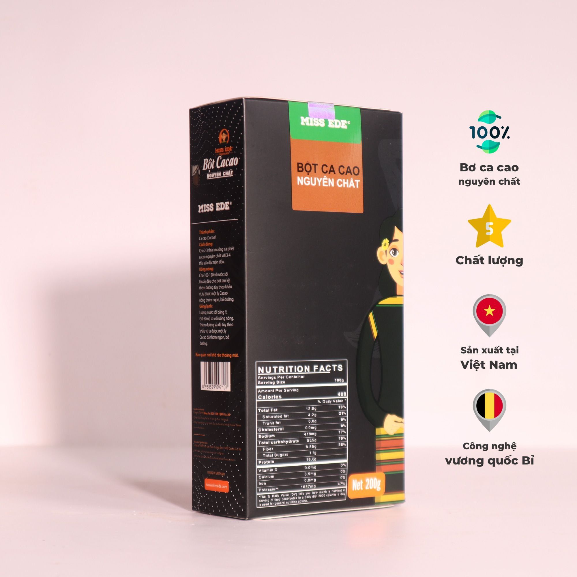  Pure Cocoa powder MISS EDE (Box 200g)/ Ca cao nguyên chất (bột) MISS EDE giữ nguyên bơ ca cao tự nhiên  - Hộp 200 g 