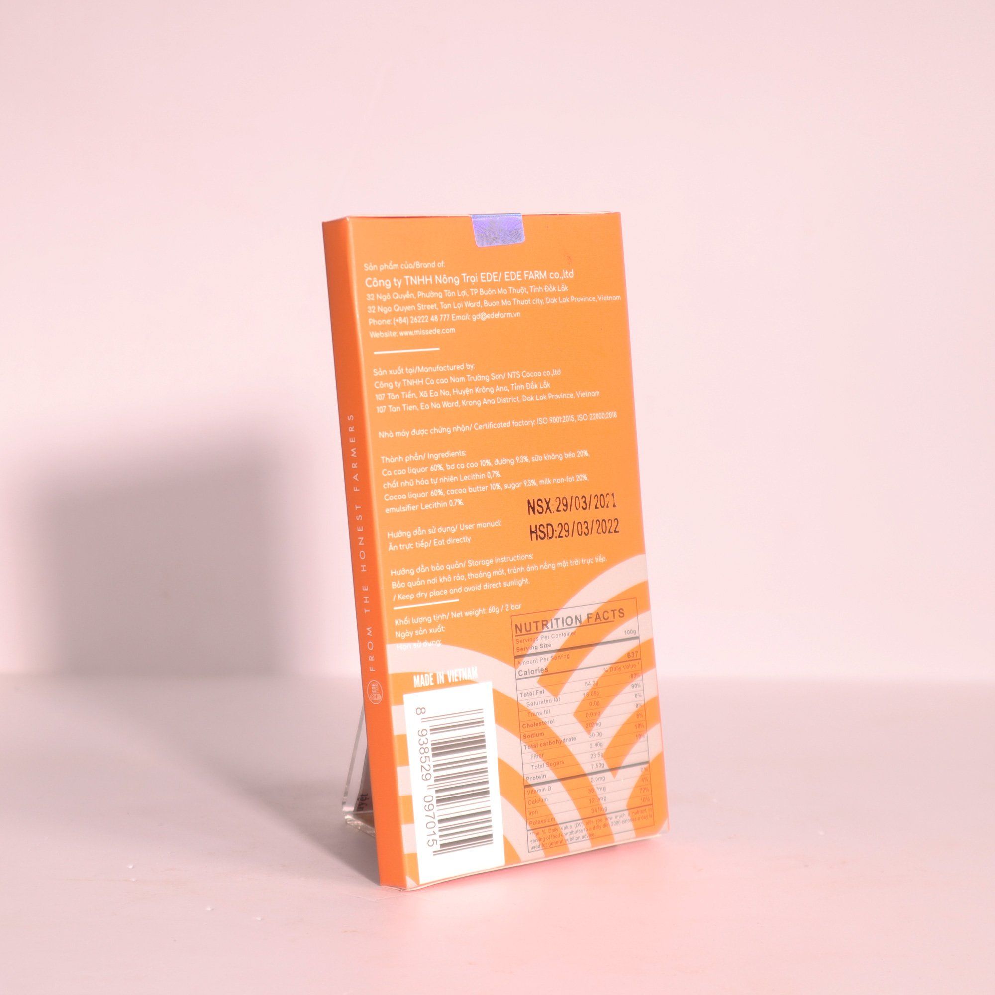  TAY NGUYEN Milk Chocolate 60% MISS EDE (Box 60g: 2 bars)/ Sô cô la sữa Tây Nguyên 60% MISS EDE - Hộp 60g (2 thanh x 30g) 