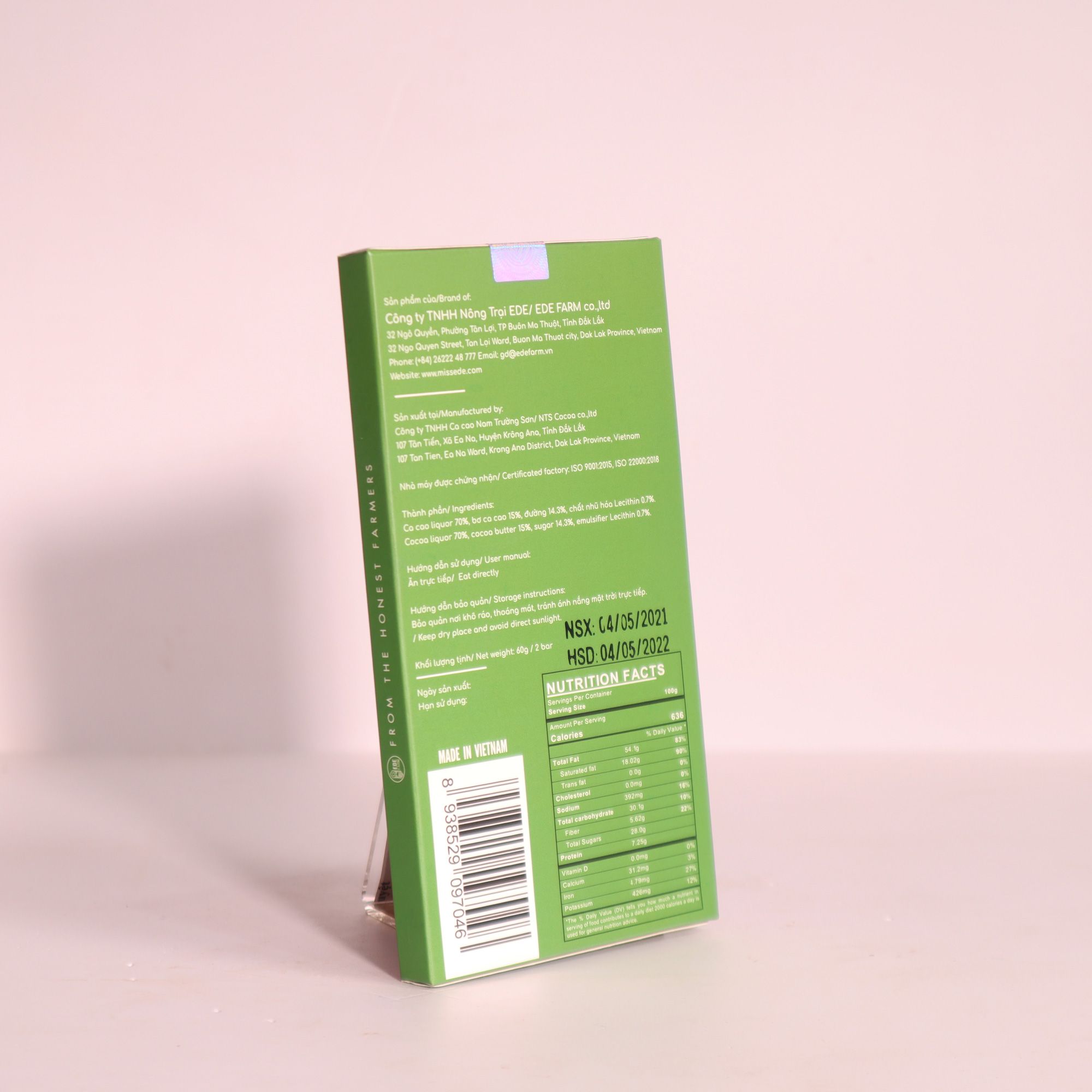  DAK NONG Black Chocolate 70% MISS EDE (Box 60g: 2 bars)/ Sô cô la đen Đắk Nông 70% MISS EDE - Hộp 60g (2 thanh x 30g) 