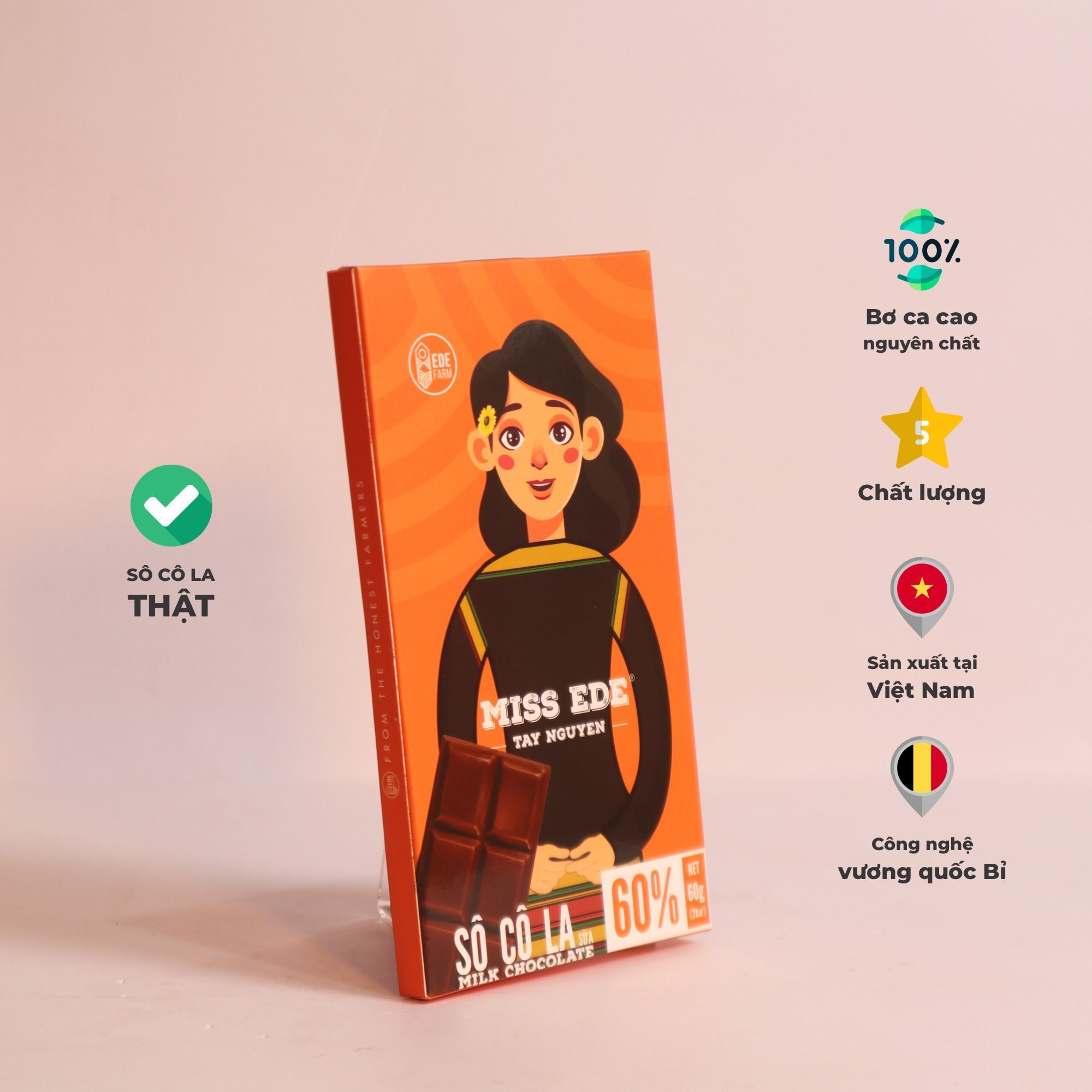  TAY NGUYEN Milk Chocolate 60% MISS EDE (Box 60g: 2 bars)/ Sô cô la sữa Tây Nguyên 60% MISS EDE - Hộp 60g (2 thanh x 30g) 