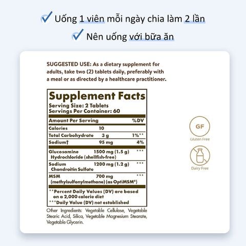 Viên Uống Hỗ Trợ Xương Khớp Solgar Glucosamine Chondroitin MSM 60 Viên Nén Thực Vật